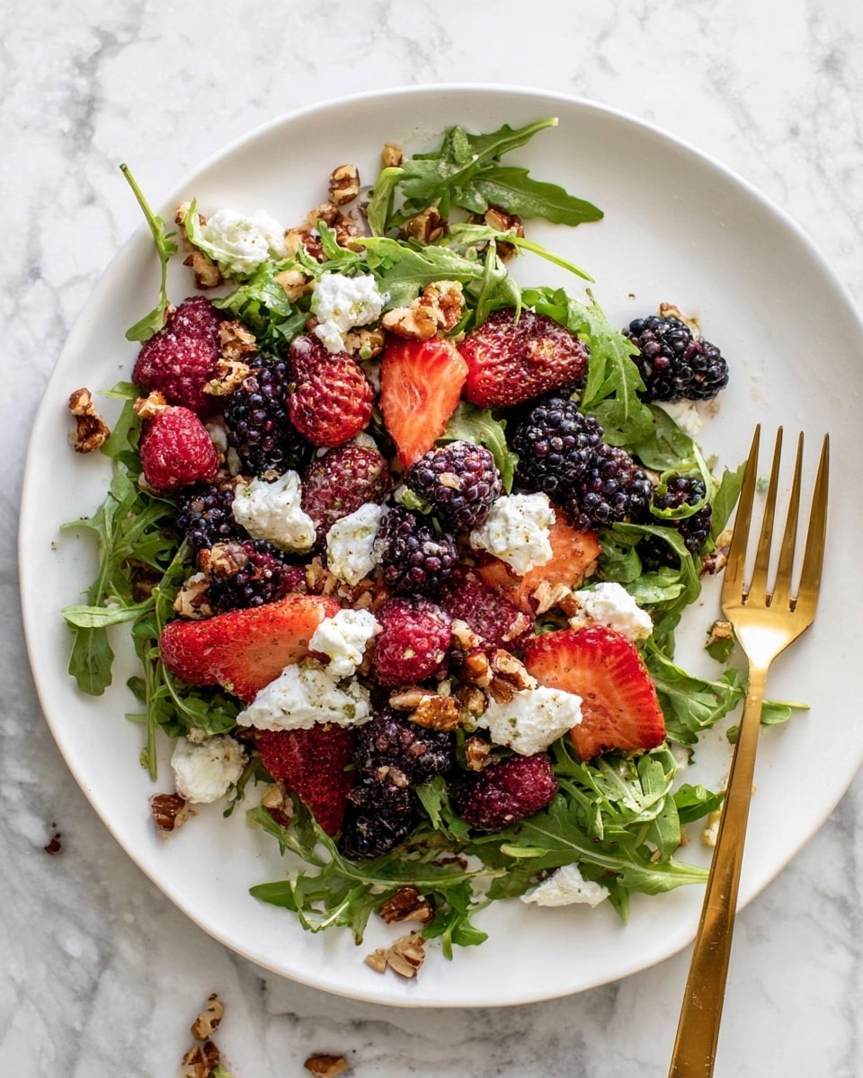 A white plate holds a colorful salad with three main layers: at the bottom, fresh green arugula leaves spread out, topped with a layer of mixed berries including blackberries, raspberries, and sliced strawberries in red and purple shades. On top, scattered dollops of white creamy cheese add texture, while crunchy brown nut pieces are sprinkled over everything. A gold fork rests on the right side of the plate on a white marbled surface. The salad looks fresh and vibrant with a mix of soft and crunchy textures. photo taken with an iphone --ar 4:5 --v 7