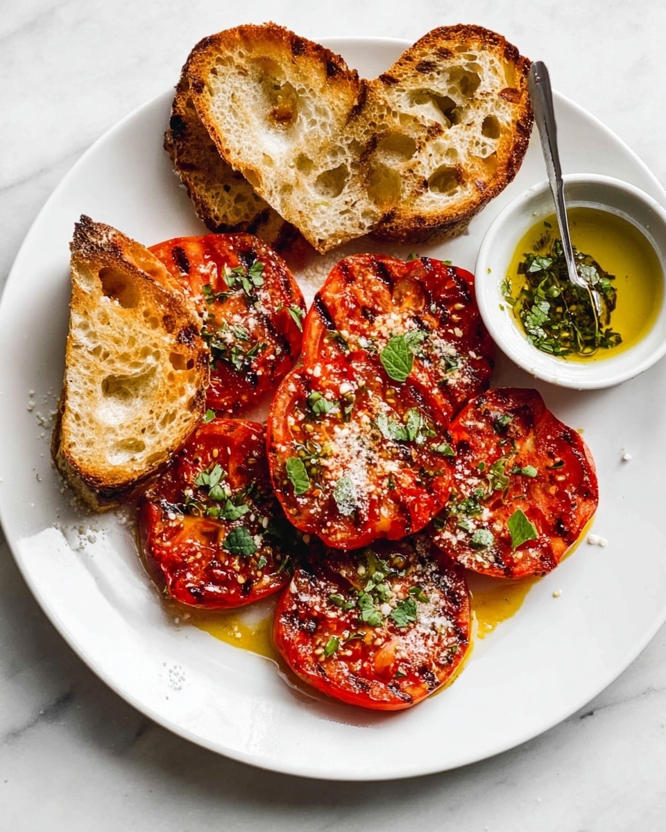 The image shows a white plate with grilled red tomato slices arranged in the center, each topped with small green herb leaves and a light sprinkle of white grated cheese. Around the tomatoes, there are five pieces of toasted bread with a golden-brown crust and visible air pockets, some with a light drizzle of olive oil. To the top right of the plate, there is a small white bowl filled with olive oil and herbs, with a small spoon resting inside it. The entire setup is placed on a white marbled surface. photo taken with an iphone --ar 4:5 --v 7