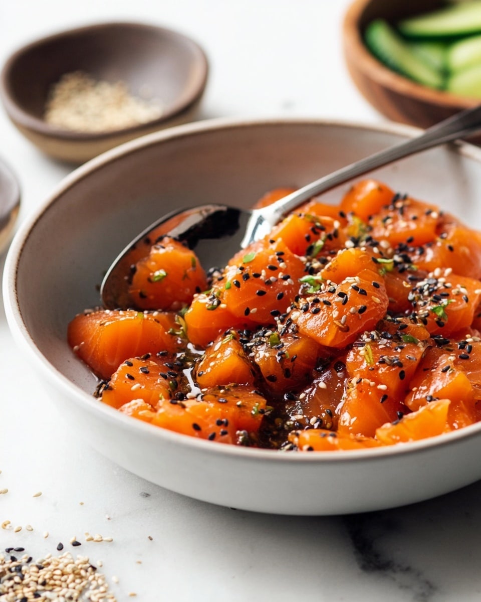 A white bowl filled with bright orange chunks of marinated raw fish, coated in a shiny sauce with visible black and white sesame seeds sprinkled on top, a silver spoon resting inside the bowl, all placed on a white marbled surface with scattered sesame seeds around and parts of two small bowls with green vegetable slices and sesame seeds blurred in the foreground, photo taken with an iphone --ar 4:5 --v 7