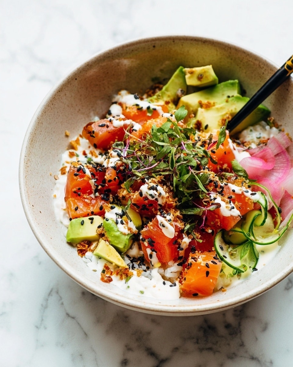 The dish is a bowl with visible layers starting with a base of white rice at the bottom, topped with small cubes of bright orange raw fish sprinkled with black and white sesame seeds and finely chopped green herbs. Around the fish, there are sliced light green avocado chunks, pinkish-white pickled vegetable slices, and thin green cucumber ribbons. The whole bowl has a light creamy sauce drizzled over the top and some small crispy brown bits scattered around. A black and gold chopstick rests in the bowl, all placed on a white marbled surface. Photo taken with an iphone --ar 4:5 --v 7