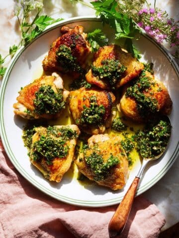Crispy Chicken Thighs with Charred Green Onion Chimichurri Recipe