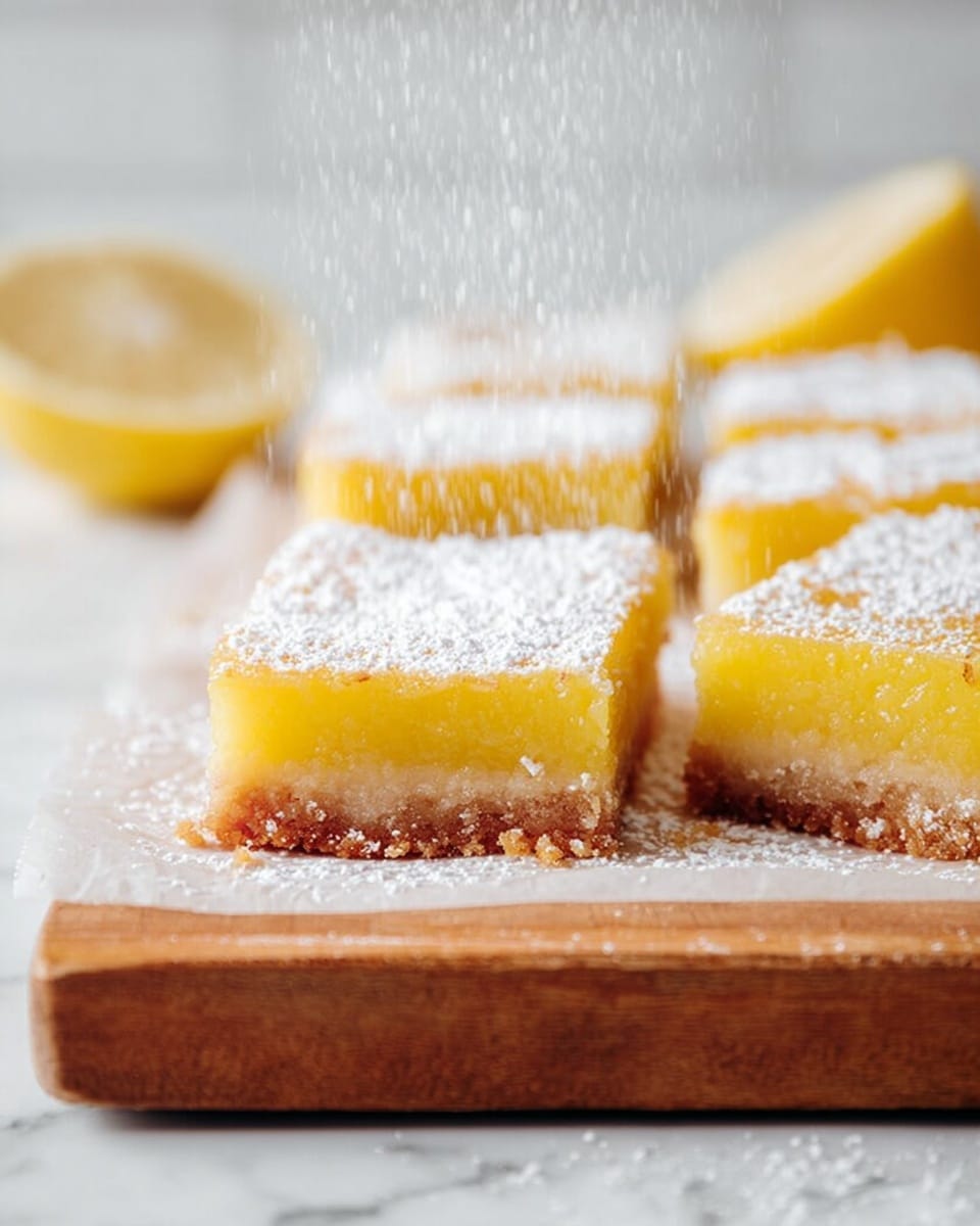 The image shows nine square lemon bars placed on parchment paper on a wooden board with a white marbled background. Each lemon bar has two layers: a bottom light brown crust layer with a crumbly texture, and a thick, smooth, bright yellow lemon filling layer on top. Powdered sugar is being sprinkled on the lemon bars, creating a fine white dust over the top and around the board. The close-up shot focuses on the front right lemon bar, showing the soft texture of the lemon layer and the crumbly crust below. photo taken with an iphone --ar 4:5 --v 7
