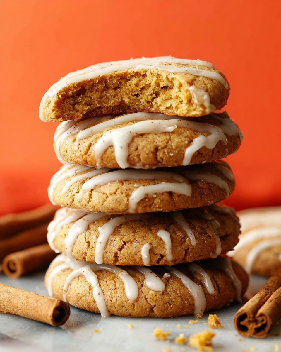 A stack of five thick, soft cookies is placed on a white marbled surface. Each cookie is golden-brown with a slightly rough texture and has a light drizzle of white icing on top, creating thin, uneven lines. The top cookie is broken in half, showing a moist and crumbly inside that is a bit darker than the outside. Around the cookies, there are two cinnamon sticks and a few crumbs scattered nearby. The background is a bright orange color. Photo taken with an iphone --ar 4:5 --v 7