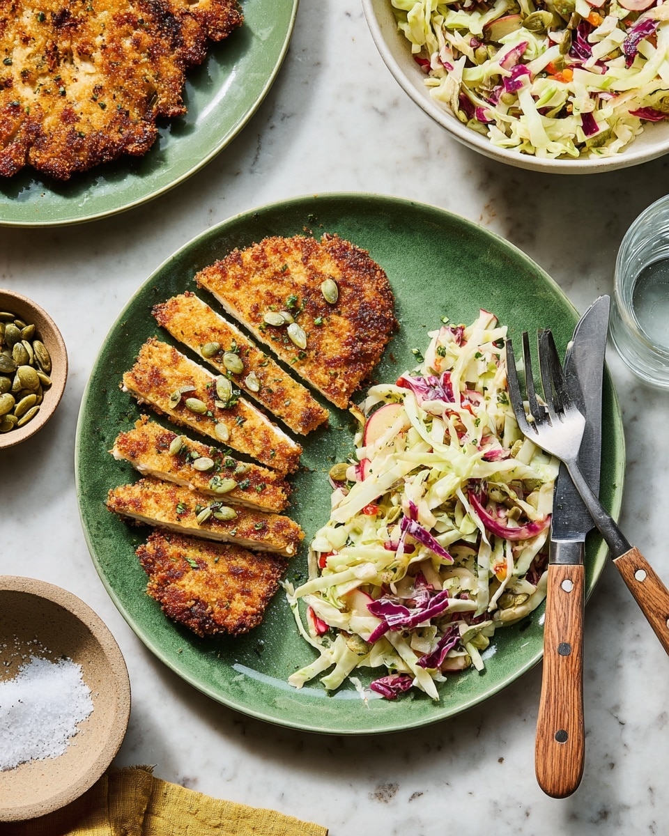 Two white plates each hold a crispy golden-brown breaded cutlet on the left side, showing a crunchy texture with small green herbs sprinkled on top. On the right side of each plate, there is a colorful coleslaw salad made of shredded cabbage, purple cabbage, thin apple slices, and small seeds, mixed with a creamy dressing giving it a light glossy look. The plates rest on a white marbled surface with a small bowl of coarse white salt and a small bowl of green pumpkin seeds nearby. A white bowl filled with more coleslaw and a silver spoon is partially visible on the left. A clear glass of water and some cutlery with wooden handles lie on a white fabric with green stripes in the bottom right area. Photo taken with an iphone --ar 4:5 --v 7