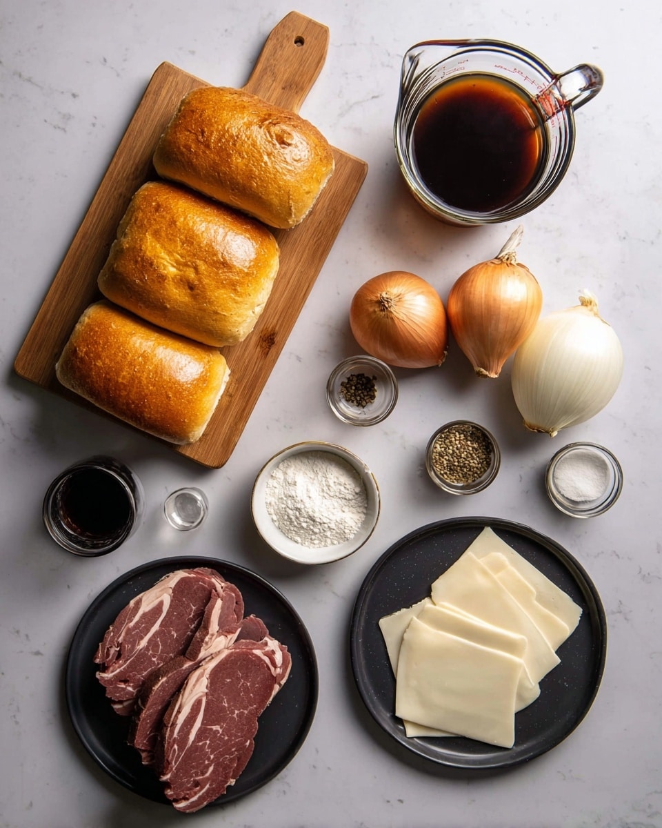The image shows ingredients laid out on a white marbled surface, featuring five golden brown sandwich rolls stacked on a wooden cutting board at the top left. To the top right, there is a clear glass measuring cup filled with dark broth. Below it are two whole yellow onions. Towards the center, a small white plate holds three white seasoning balls and black pepper. Next to it, a small black bowl contains white flour. Nearby, a short clear glass has a dark liquid, and a small silver cup holds another dark ingredient. On the bottom left, two large pieces of cured meat sit on a black plate. Adjacent to this, a black plate holds several slices of white cheese arranged in a neat stack. Photo taken with an iphone --ar 4:5 --v 7