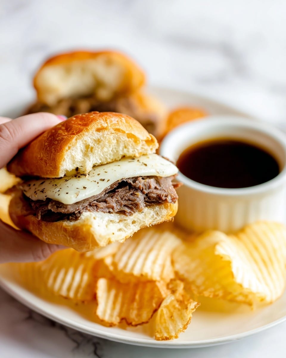 A close-up of a small sandwich held by a woman's hand shows two layers of brown meat inside a soft, light brown bun that has a slightly crispy crust. On top of the meat is a melted white cheese layer with some black pepper sprinkled on it. The sandwich is held above a white plate with golden, wavy potato chips scattered around. Behind the sandwich, there is a small white cup filled with dark brown dipping sauce, and another half of the sandwich is resting on the plate. The background is a white marbled texture. photo taken with an iphone --ar 4:5 --v 7