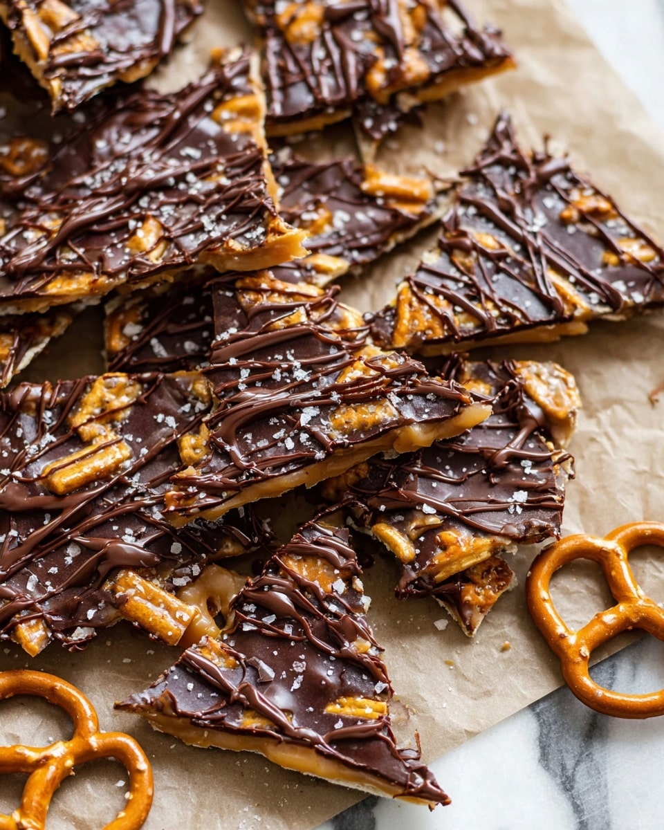 The image shows a basket lined with light brown paper with text, filled with pieces of chocolate bark. Each piece has a base layer of dark chocolate with a shiny texture. On top, there is a layer of caramel with a smooth, light amber color that peeks through the chocolate. Pretzels with a golden-brown, crunchy texture are embedded on the surface, and dark chocolate is drizzled in thin lines over the top. Some pieces have visible coarse salt sprinkled on them, adding texture. The basket has two handles wrapped with thick ribbons that are red and white striped. The background and surface have a white marbled texture. Photo taken with an iphone --ar 4:5 --v 7