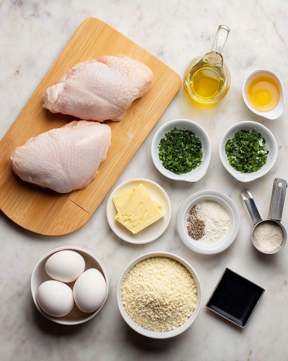 The image shows two raw chicken pieces placed on a light wooden board on the left side. On the right side, there are several small white dishes and metal measuring cups arranged neatly on a white marbled surface. The white dishes contain salt, black pepper, chopped green herbs, olive oil in a small glass pitcher, lemon zest, and three white eggs in a shallow white bowl. The metal cups hold flour, breadcrumbs, and grated cheese, and there is also a small black square dish with garlic powder near the center. All items are evenly spaced and clearly visible. Photo taken with an iphone --ar 4:5 --v 7