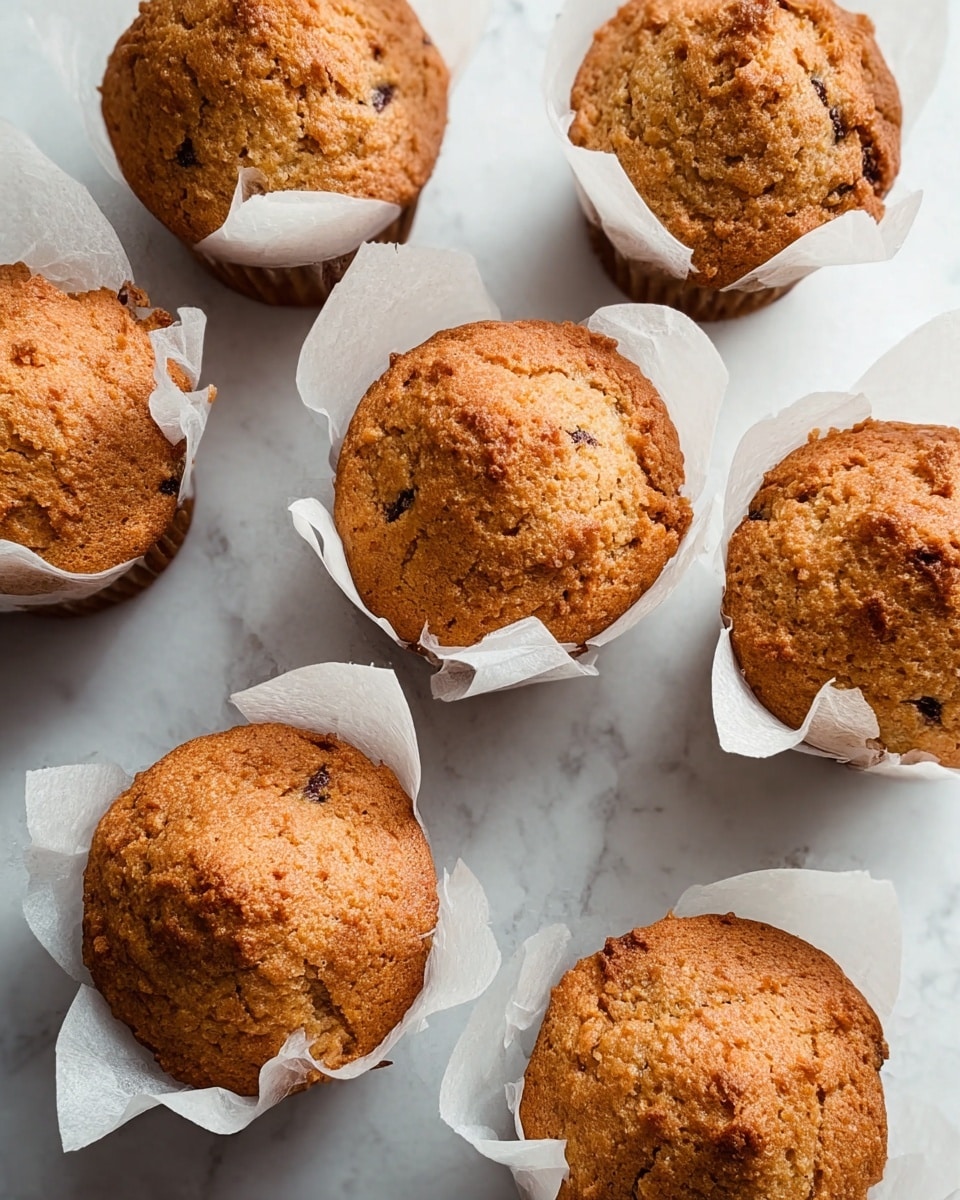 The image shows three golden-brown muffins, each in white parchment paper wrappers with crinkled edges. The muffins have a rough, slightly cracked top texture with small bits of darker brown mixed in, hinting at ingredients like chocolate or nuts. They are placed on a white marbled surface, with the closest muffin in the center and the other two slightly blurred in the background, creating a soft depth effect. The lighting is bright and natural, highlighting the muffins' warm, inviting color and texture. photo taken with an iphone --ar 4:5 --v 7