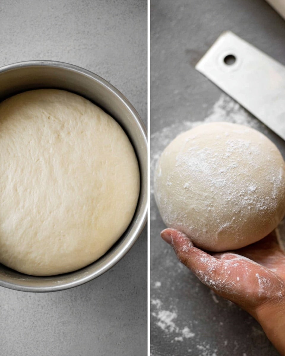 The image shows two parts: on the left, there is a close-up of a smooth, pale dough that has risen well and fills a round metal bowl almost to the top, with a soft, even surface. On the right, a woman's hand with flour on the fingers gently holds a ball of dough that looks smooth and slightly dusted with flour, resting on a grey surface with a white dough scraper nearby. The texture of the dough is soft and elastic, and the shapes show the process of preparing dough for baking. photo taken with an iphone --ar 4:5 --v 7