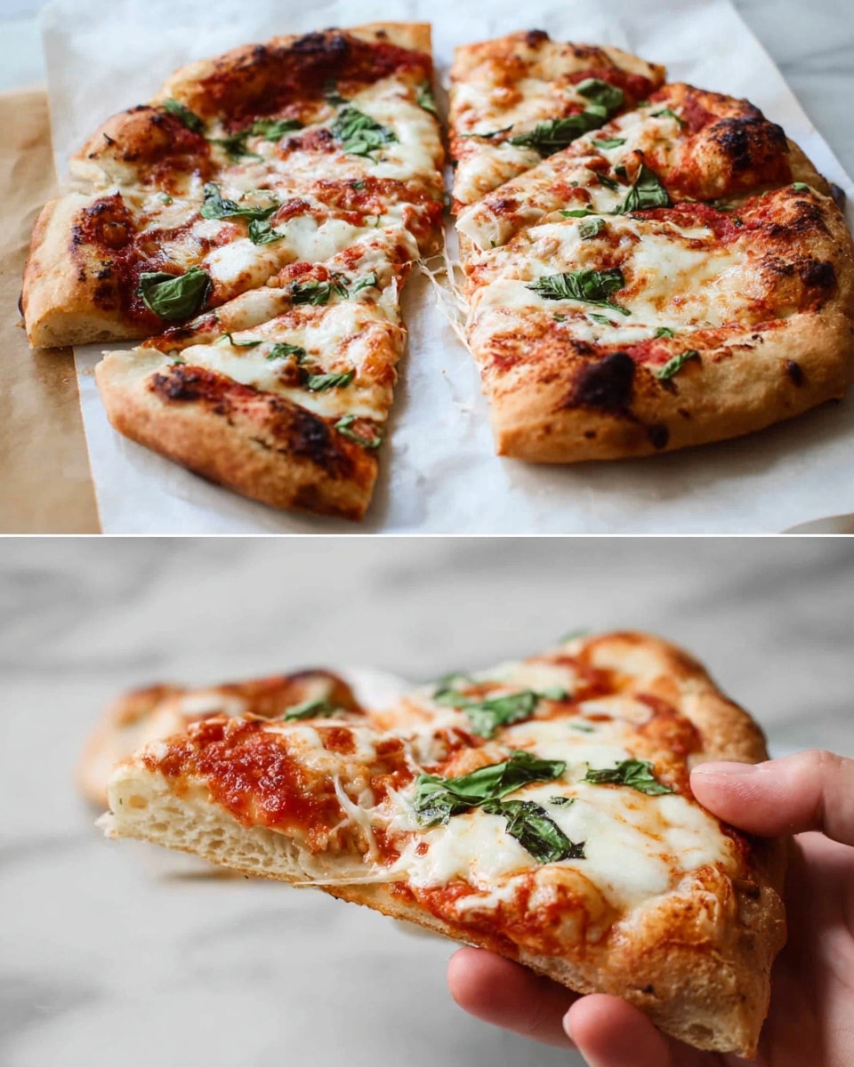 The image shows a pizza with a thick, golden-brown crust with some dark spots, topped with red tomato sauce, melted white cheese that is bubbly and slightly browned in spots, and fresh green basil leaves scattered on top. The pizza is cut into slices and placed on white parchment paper on a white marbled surface. In the second part of the image, a woman's hand is holding one slice of pizza, showing the layers from crust to cheese and toppings clearly. The colors are warm and inviting, with the crust looking soft but firm. photo taken with an iphone --ar 4:5 --v 7
