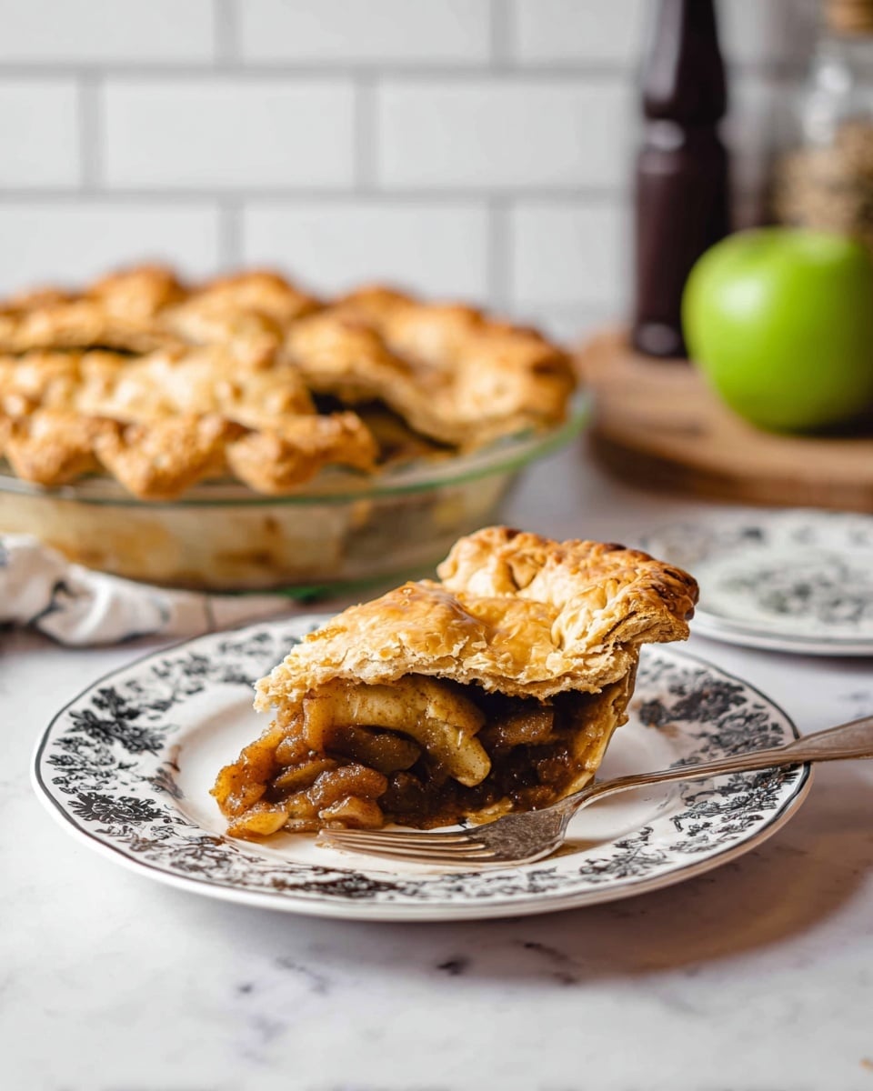 The image shows a round apple pie with a golden brown crust sitting in a clear glass pie dish on a white marbled surface. The crust has a slightly rough, flaky texture and is made of several uneven pieces layered on top, giving it a homemade look. One large slice is missing from the pie, revealing a dark, moist apple filling inside with small bits that look soft and cooked. To the right, a white bowl holds one green apple and a glass bottle of a dark liquid, both slightly out of focus. A metal pie server with a black handle lies flat on the white marbled surface next to the pie. The background has soft white tiles. photo taken with an iphone --ar 4:5 --v 7