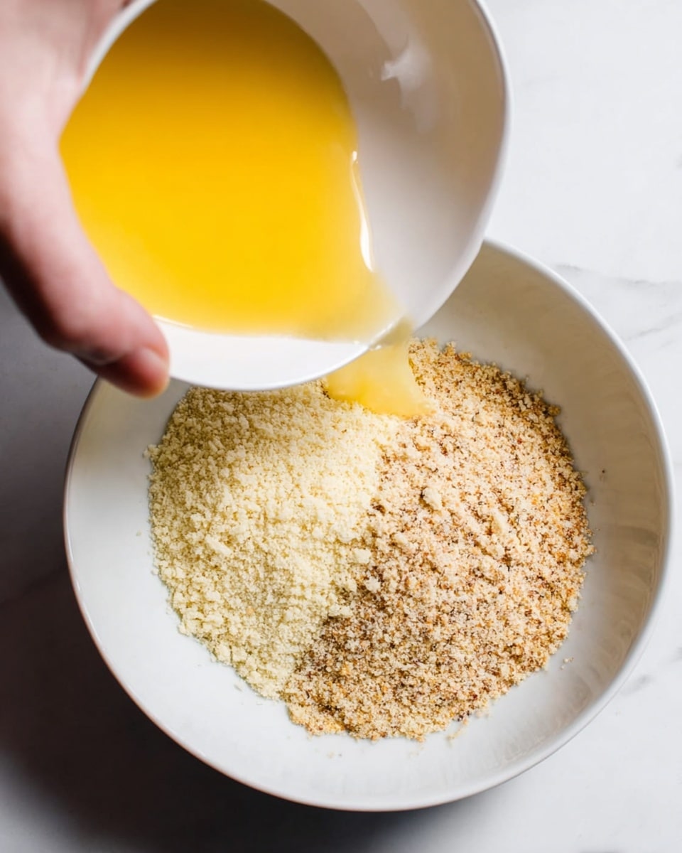 A close-up view shows a white bowl with two different textures of crumbs inside: one side has lighter, finely ground crumbs, and the other side has darker, coarser crumbs. Above the bowl, a woman's hand holds another white bowl tilted, pouring a bright yellow liquid butter mixture into the bowl of crumbs. The background is a white marbled surface. photo taken with an iphone --ar 4:5 --v 7