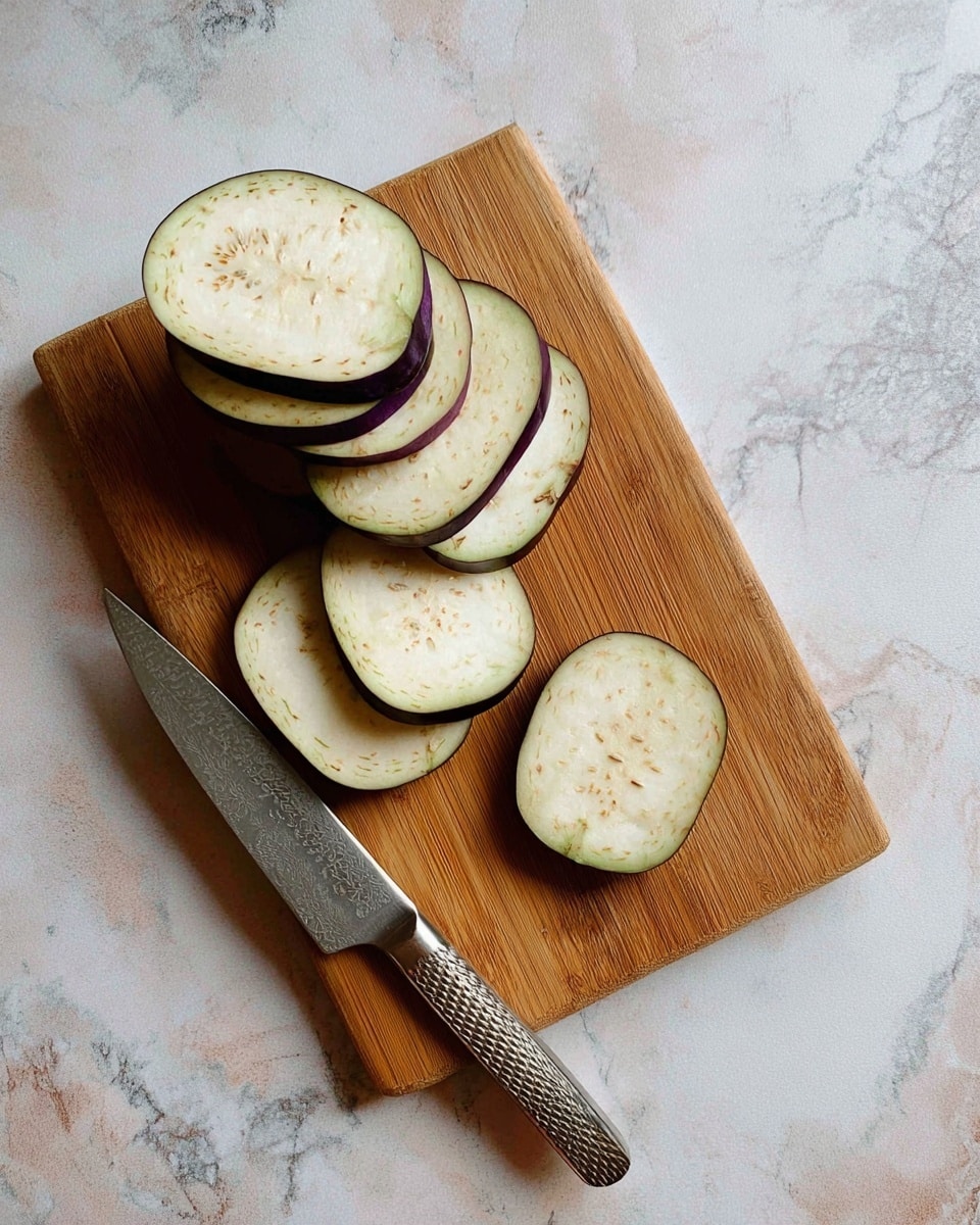 A wooden cutting board placed on a table with a white marbled texture holds six slices of eggplant, five stacked and one separate, showing light cream inside with tiny brown seeds, and purple skin on edges; a silver knife with a textured handle lies next to the slices on the board. photo taken with an iphone --ar 4:5 --v 7