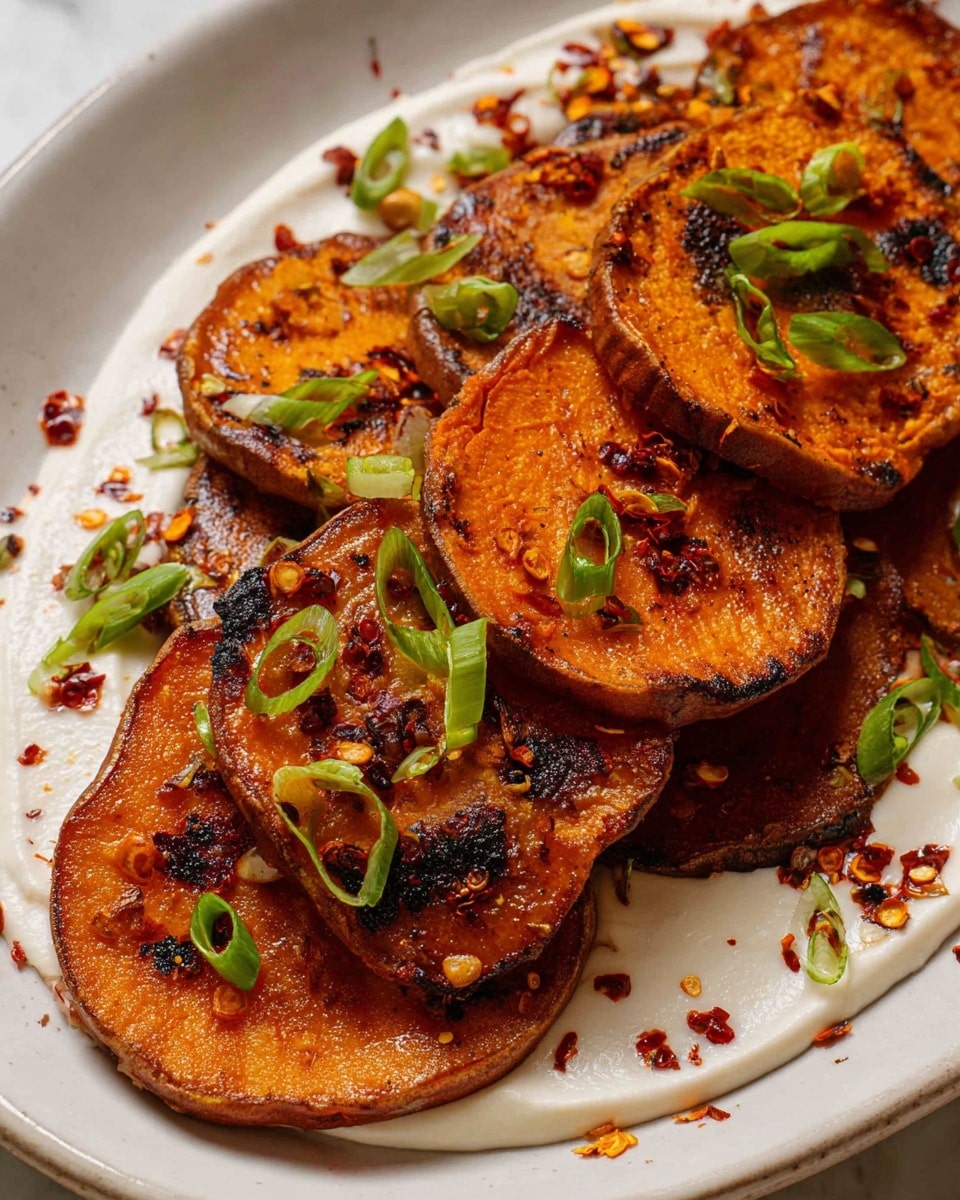 The image shows a white plate with several layers of roasted sweet potato slices arranged in a slightly overlapping way. The sweet potato slices have a crispy, browned surface with char marks and a rich orange color inside. On top, there are small green onion slices and red chili flakes sprinkled, adding texture and bright colors. Around the edges of the plate, there is a smooth, creamy white sauce spread thinly, acting as a base. The whole dish sits on a white marbled texture surface. photo taken with an iphone --ar 4:5 --v 7