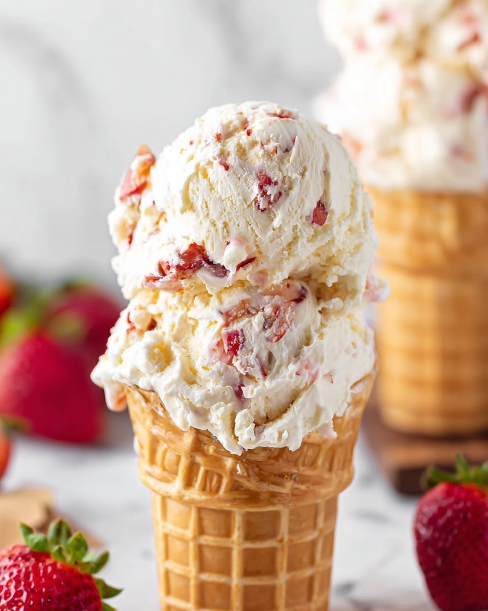 Two waffle cones filled with creamy white ice cream with swirls of red strawberry pieces. The ice cream is scooped high, showing a mix of smooth and slightly chunky textures with visible fruit bits throughout. The cones are held upright in silver spiral holders placed on a white marbled surface. In the background, there is a white basket with fresh whole strawberries and a metal ice cream scoop resting by a gray container. The scene is bright with a soft focus on the ice cream and cones. photo taken with an iphone --ar 4:5 --v 7