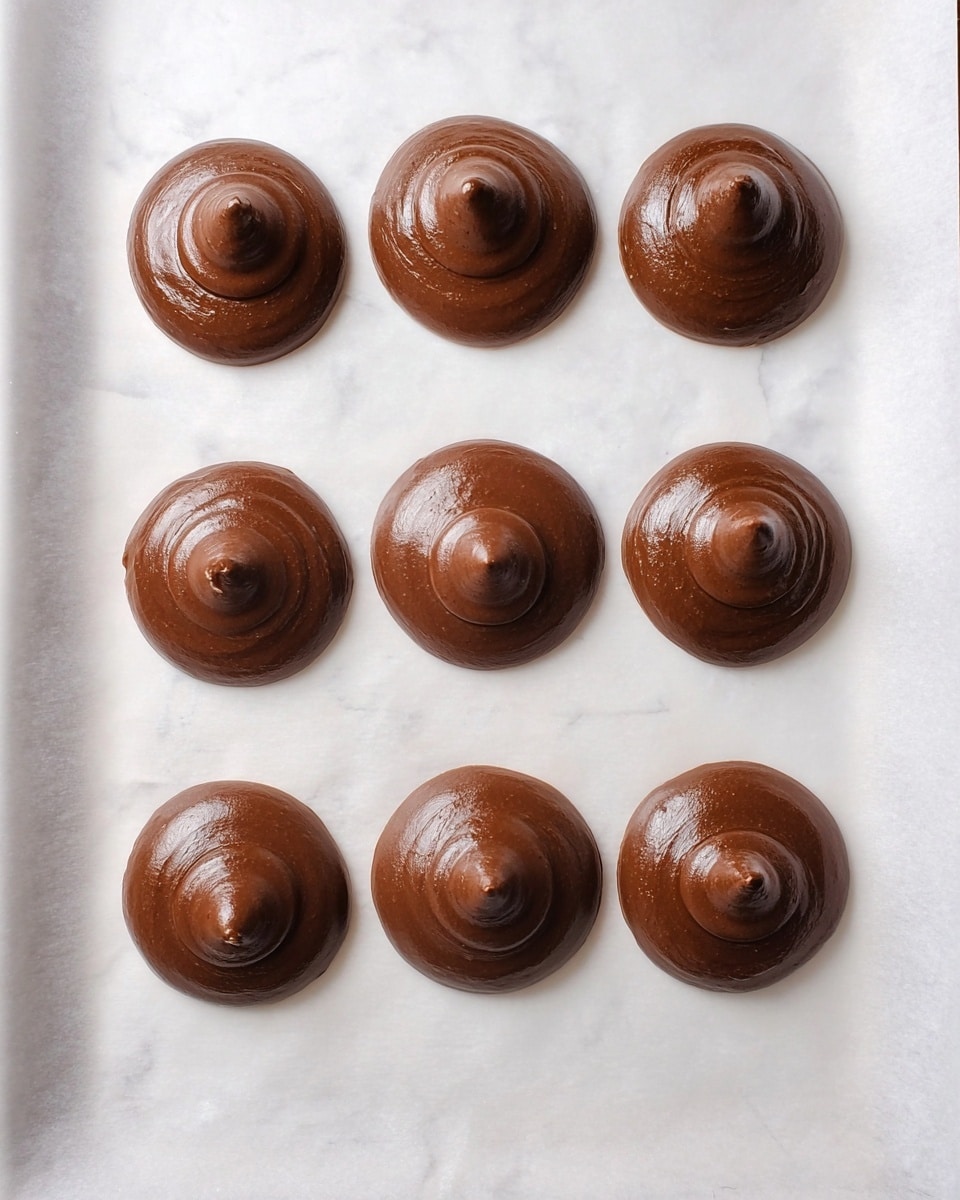 The image shows eight round dollops of smooth, rich chocolate batter neatly placed on a white paper-lined tray, arranged in two columns and four rows. Each dollop has a shiny, slightly thick texture with a soft peak at the center, suggesting a glossy and creamy consistency. The background is a white marbled surface, creating a clean and bright setting. The dollops are evenly spaced, indicating careful preparation before baking. Photo taken with an iphone --ar 4:5 --v 7