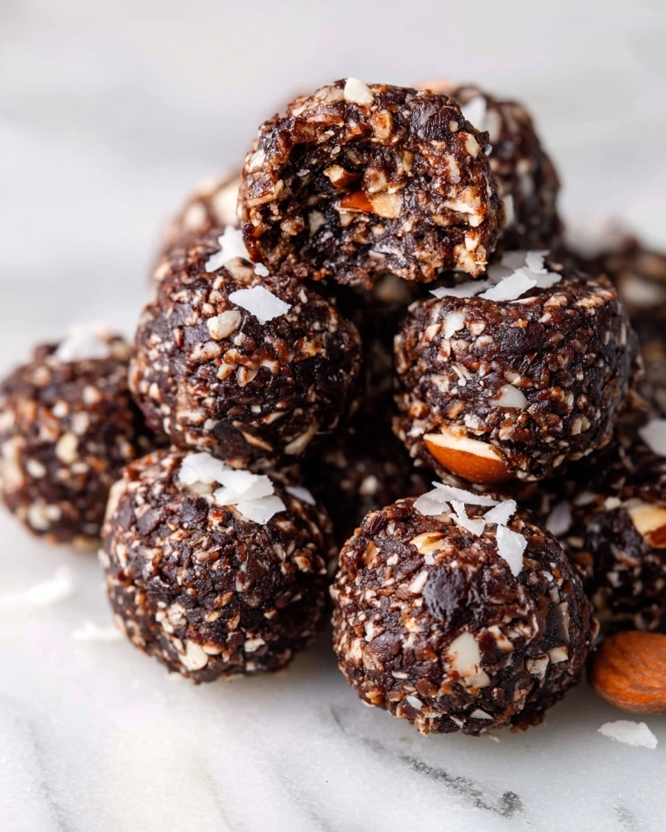The image shows a close-up view of round, dark chocolate balls covered partly with small white coconut flakes. Each ball has a textured surface with tiny bits of lighter ingredients visible through the dark chocolate layer. The balls are piled closely together on a white plate resting on a white marbled surface. The background is blurred with a brown bowl that hints at the chocolate or cocoa powder used. The focus on the balls highlights their rough texture and the uneven spread of the coconut flakes, giving them a homemade look. Photo taken with an iphone --ar 4:5 --v 7