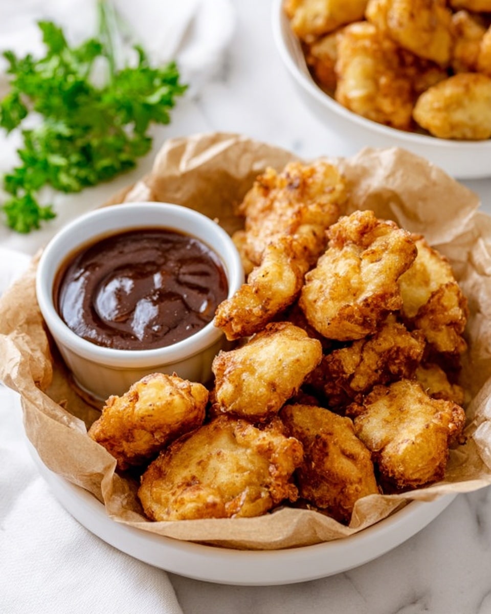 A white bowl lined with light brown parchment paper holds many crispy, golden-brown fried pieces with a rough, crunchy texture. In the middle of the bowl, there is a small white cup filled with dark, smooth dipping sauce that looks thick and glossy. In the background, on a white marbled surface, another white bowl filled with similar fried pieces is partially visible, and a small bunch of fresh green parsley adds a touch of color. The overall look is warm and inviting, showing an appetizing snack. photo taken with an iphone --ar 4:5 --v 7