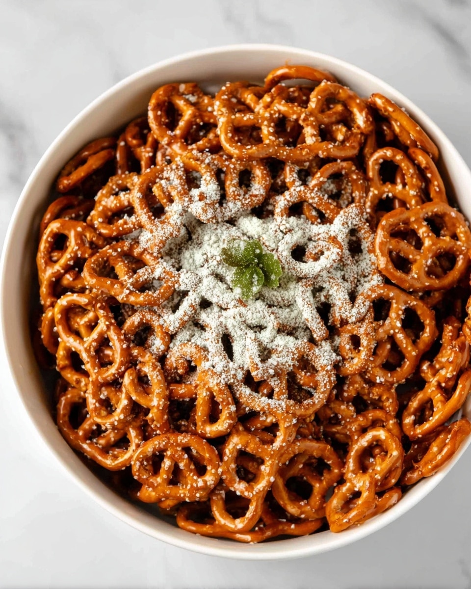 The image shows a white bowl filled with small, crunchy pretzels that are brown and shiny. On top of the pretzels, there is a sprinkling of white powder, mostly spread over the center. A small green herb garnish is placed near the middle, adding a touch of color contrast. The bowl sits on a white marbled surface that is smooth and clean. The pretzels fill up the bowl almost to the rim, and the lighting highlights the shiny texture of the pretzels, making them look crisp and fresh. photo taken with an iphone --ar 4:5 --v 7