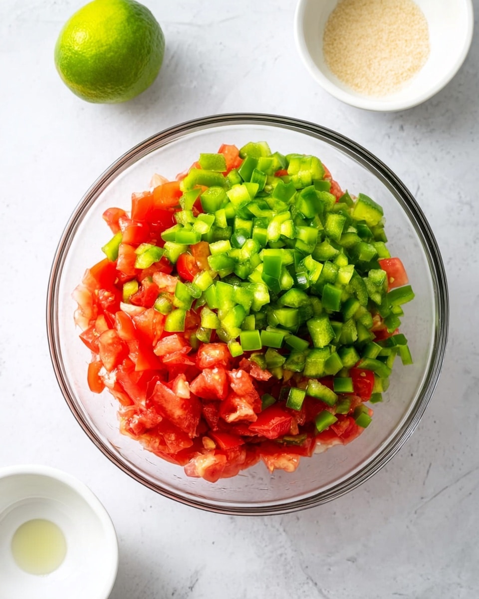 A clear glass bowl holds two layers of diced vegetables on a white marbled surface: the bottom layer is bright red diced tomatoes, topped with a fresh layer of green diced bell peppers. To the upper left of the bowl, a whole lime is visible, and to the upper right, two small white bowls contain a pale yellow powder and clear liquid. The scene is clean and bright, with the colors of the vegetables standing out sharply against the soft white marbled background. photo taken with an iphone --ar 4:5 --v 7