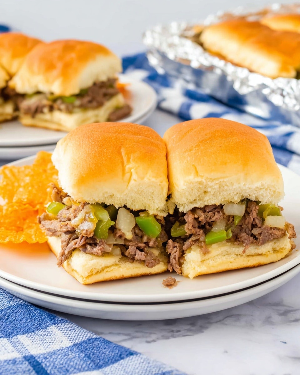 A close-up image shows a hand holding a soft, shiny sandwich bun that is golden brown on top, with a visible pull of melted white cheese stretching out. Inside the sandwich are layers consisting of thin, cooked brown mushroom slices, melted cheese, and small green bell pepper pieces, all resting on a soft bun bottom. The sandwiches are placed on a foil-lined tray, which reflects some light and crumbs. In the background, fresh green leafy herbs are slightly blurred on a white marbled surface, with a blue and white checkered cloth partially visible. Photo taken with an iphone --ar 4:5 --v 7
