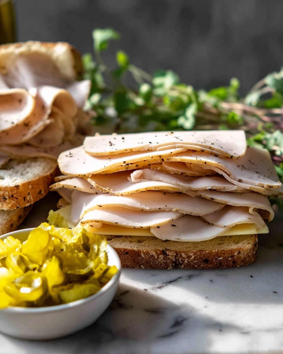 The image shows a sandwich with several layers of thinly sliced, light beige deli meat with some black specks on the edges, stacked loosely on top of each other, covering thin slices of pale yellow cheese beneath. The sandwich layers rest on a white bread base that has some melted cheese peeking out. In the foreground, there is a white bowl filled with chopped yellow pickles or peppers. The background has some green herbs on a white marbled surface, adding a fresh touch. Photo taken with an iphone --ar 4:5 --v 7