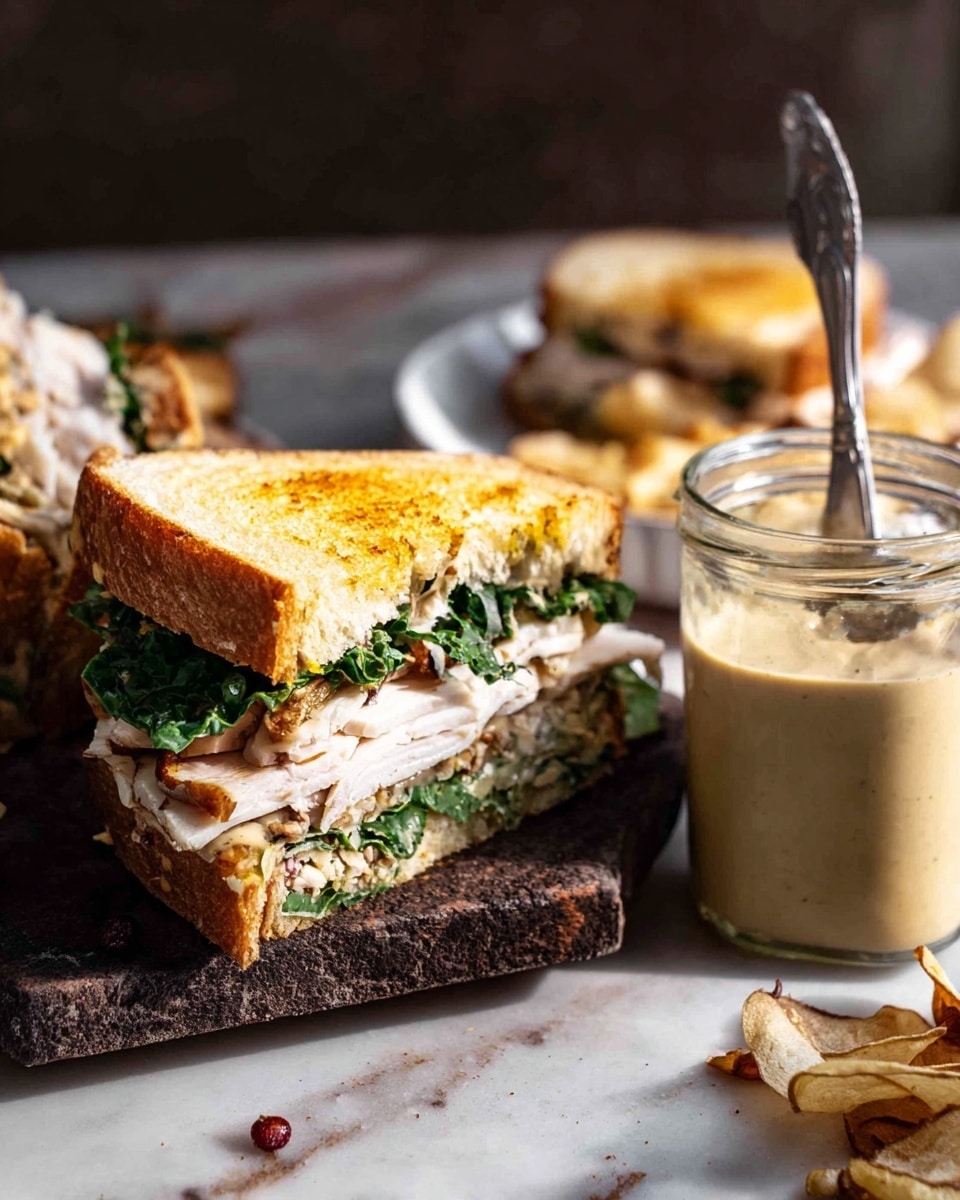 The image shows a sandwich cut into four large square pieces placed close together on a white marbled surface. Each sandwich piece has a golden-brown toasted outer crust that looks crispy and textured. Inside, there are multiple layers: the top layer of bread is thick and fluffy with a soft white interior, beneath it lies a layer of fresh green herbs or leafy greens, followed by a thick layer of cooked white meat with char marks. Under the meat, there is a layer of melted cheese that slightly oozes out, adding a creamy texture. In the background, there is a blurred plate with crispy fried chips. The photo has warm lighting that highlights the texture of the bread and filling, photo taken with an iphone --ar 4:5 --v 7