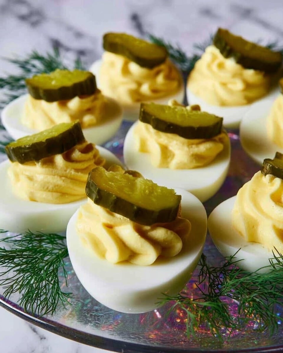 The image shows five white halved eggs filled with a creamy, light yellow mixture, each topped with a small dark green pickle slice. The eggs sit on a shiny iridescent tray with a textured look, which contrasts with the smooth filling and clean white egg whites. Next to the tray are fresh sprigs of green dill on a black surface, adding a natural touch. photo taken with an iphone --ar 4:5 --v 7