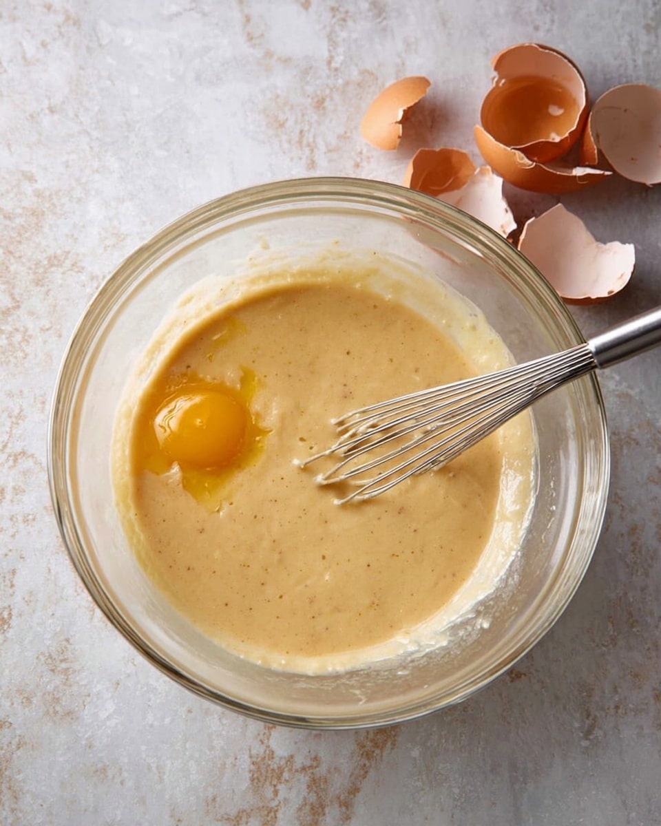 A clear glass mixing bowl sits on a white marbled surface with light tan batter inside, showing a smooth and creamy texture with some small specks throughout. A single egg yolk floats on the surface near the left side of the bowl, partially mixed into the batter. A metal whisk is resting inside the bowl, its handle extending out to the right. Behind the bowl, there are three fragments of brown eggshells casually placed on the white marbled surface. photo taken with an iphone --ar 4:5 --v 7