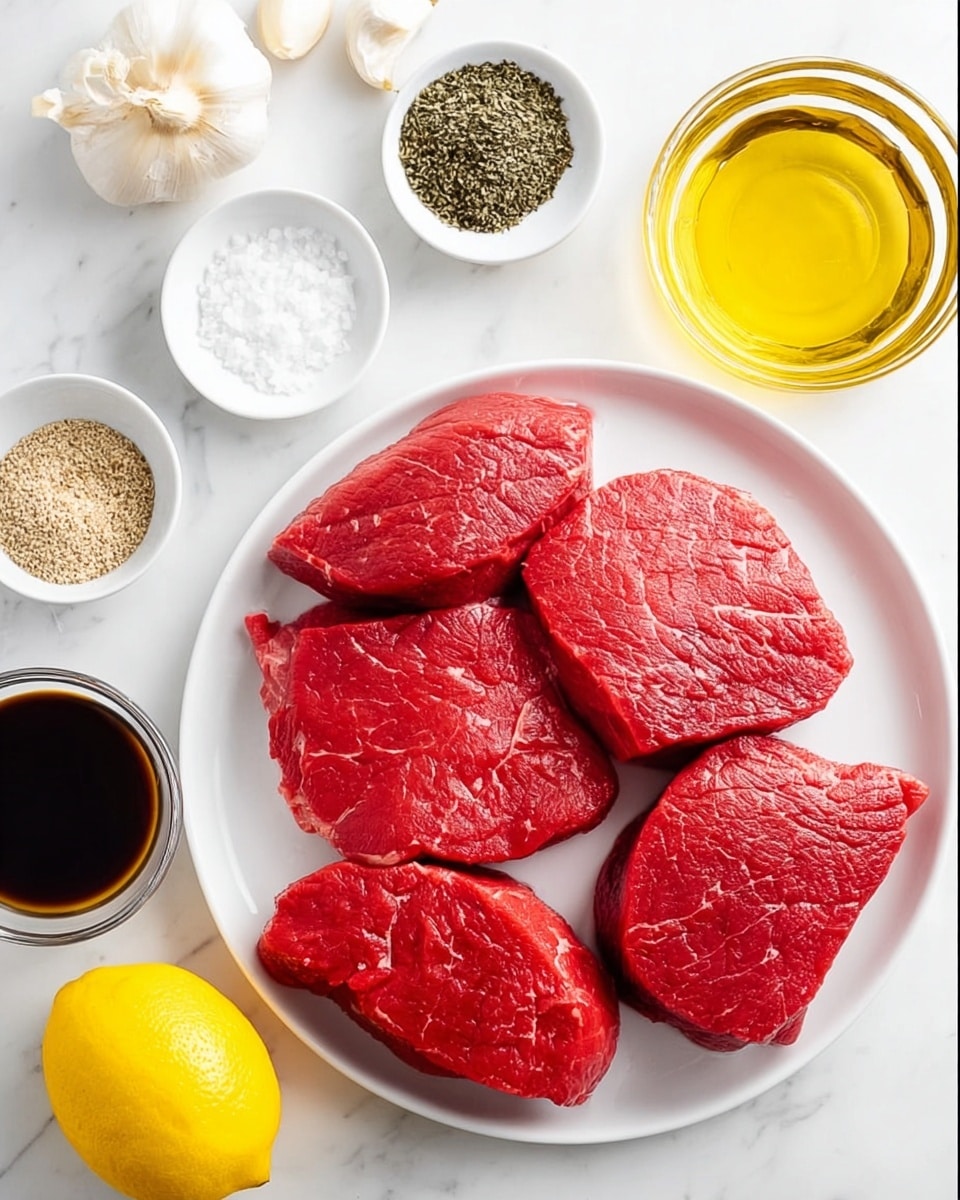 A white plate holds four thick, bright red raw beef steaks with a smooth texture, each steak varying slightly in shape and size. Surrounding the plate on a white marbled surface are small white bowls containing coarse salt and black pepper, dried herbs, and peeled garlic cloves. Near the plate, there is a fresh whole lemon with a bright yellow skin, a clear glass bowl filled with golden olive oil, and two small clear glass bowls filled with dark soy sauce. The arrangement is clean and organized, highlighting the vivid colors and freshness of the ingredients. photo taken with an iphone --ar 4:5 --v 7