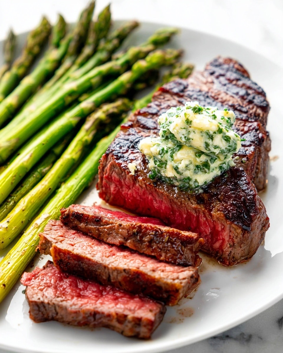 A white plate holds a juicy grilled steak with a brown crispy outside and a pink center. On top of the steak, there is a dollop of green herb butter melting slowly. Beside the steak, there are three thick slices showing the pink inside. On the upper part of the plate, there is a bunch of bright green grilled asparagus spears laid neatly in a row. The whole plate sits on a white marbled surface. Photo taken with an iphone --ar 4:5 --v 7