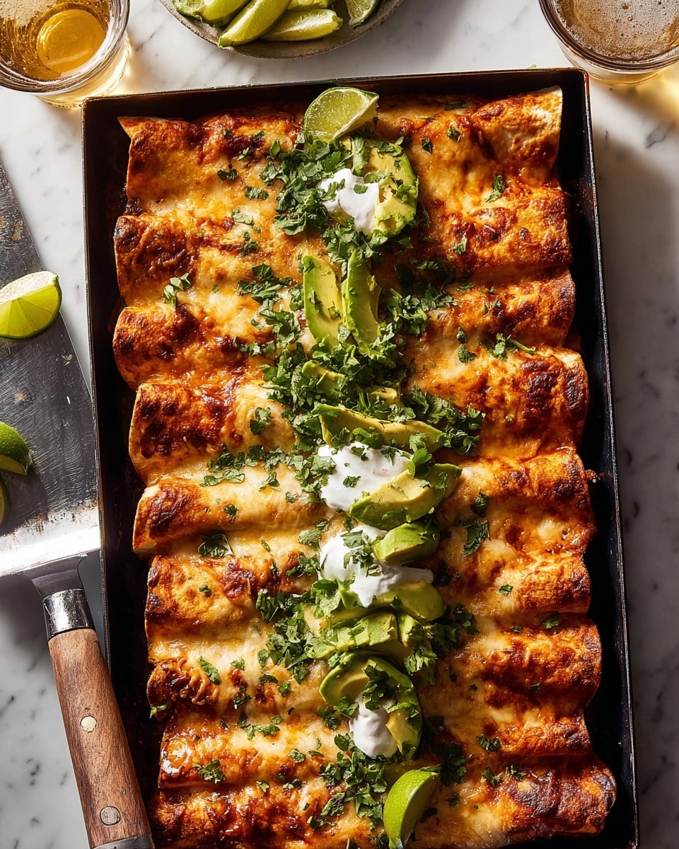 A black rectangular pan holds ten rolled enchiladas in two neat rows, each covered with a layer of melted golden-brown cheese showing some toasted spots. On top of the middle section, there are green slices of avocado arranged in small groups, dollops of white sour cream, and bright green chopped cilantro scattered evenly. Some lime wedges are placed on top near the enchiladas. The pan sits on a white marbled surface with a glass of light beer and lime wedges nearby. A woman's hand is seen holding a metal spatula on the left side of the pan. Photo taken with an iphone --ar 4:5 --v 7