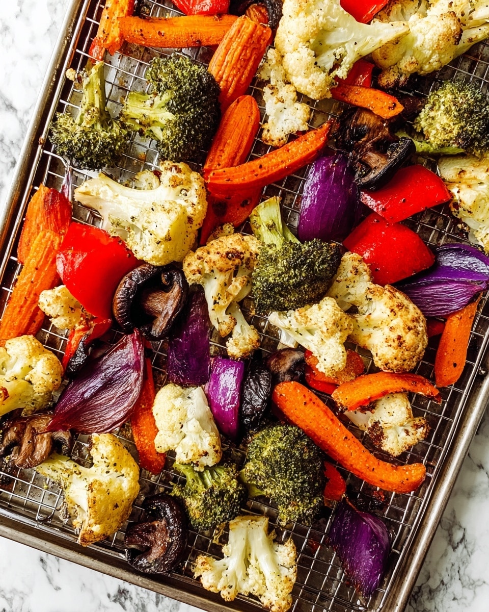 The image shows a tray full of roasted mixed vegetables laid out evenly in a single layer on a metal wire rack. The vegetables include bright green broccoli florets, creamy white cauliflower pieces, deep purple onion wedges, vibrant red bell pepper chunks, earthy brown mushrooms, orange carrot sticks, and light yellow squash slices, all with a slightly charred texture. The colors contrast well with each other, and the vegetables have a roasted, slightly browned surface that shows they are cooked but still firm. The background has a white marbled texture. photo taken with an iphone --ar 4:5 --v 7