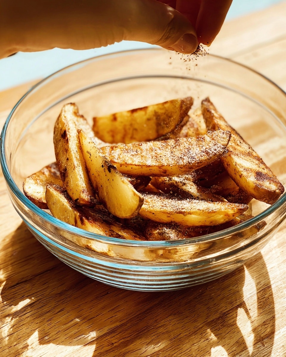 A clear glass bowl filled with thick, golden-brown potato wedges that have a slightly crispy texture with dark spice seasoning sprinkled on top. A woman's hand is visible at the top right corner, gently sprinkling more seasoning over the wedges. The bowl is sitting on a light wooden surface, and the whole scene is bright with natural sunlight. photo taken with an iphone --ar 4:5 --v 7