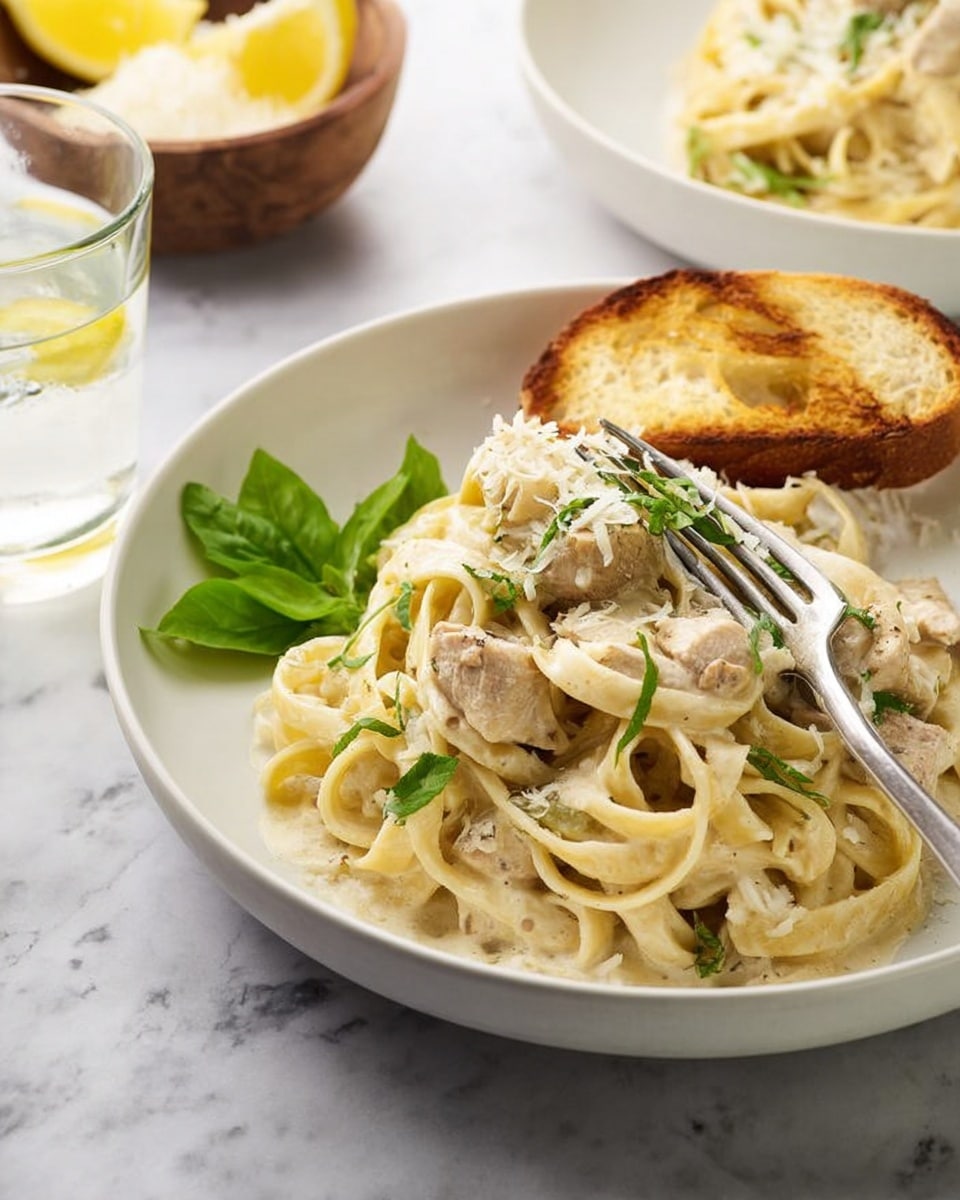 A white shallow bowl holds a creamy pasta dish with thick noodles twisted into a small pile. The pasta is covered in a pale, smooth sauce with pieces of light-colored meat scattered throughout. Bright green herbs are sprinkled on top and a few whole green leaves sit on the side for color. A toasted slice of bread leans on the edge of the bowl. A silver fork is placed inside with some pasta twirled around it. Behind the bowl, there are lemon wedges, a wooden bowl of grated cheese, and a glass of clear water, all set on a white marbled surface. photo taken with an iphone --ar 4:5 --v 7