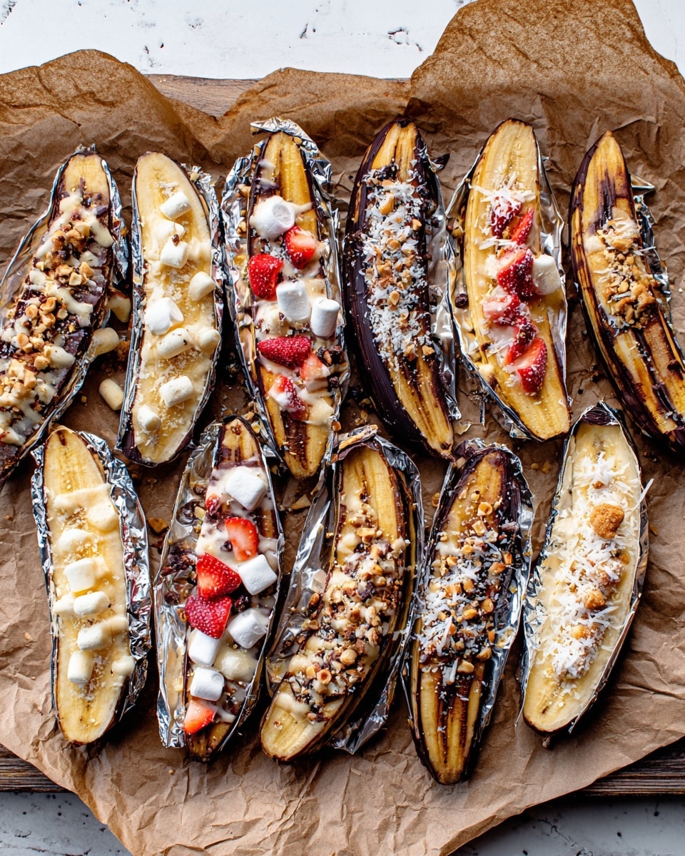 Four roasted bananas are shown, each split lengthwise and lying on crumpled parchment paper and silver foil, placed on a dark surface. The top banana is filled with a dark chocolate layer topped with chopped pecans. The second banana has a smoother dark chocolate layer with sliced red strawberries and cashews on top. The third one features a rough crumbly topping made of crushed biscuits and small white marshmallows over a chocolate base. The fourth banana shows a mix of chopped coconut flakes and melted chocolate on its chocolate layer. Photo taken with an iphone --ar 4:5 --v 7