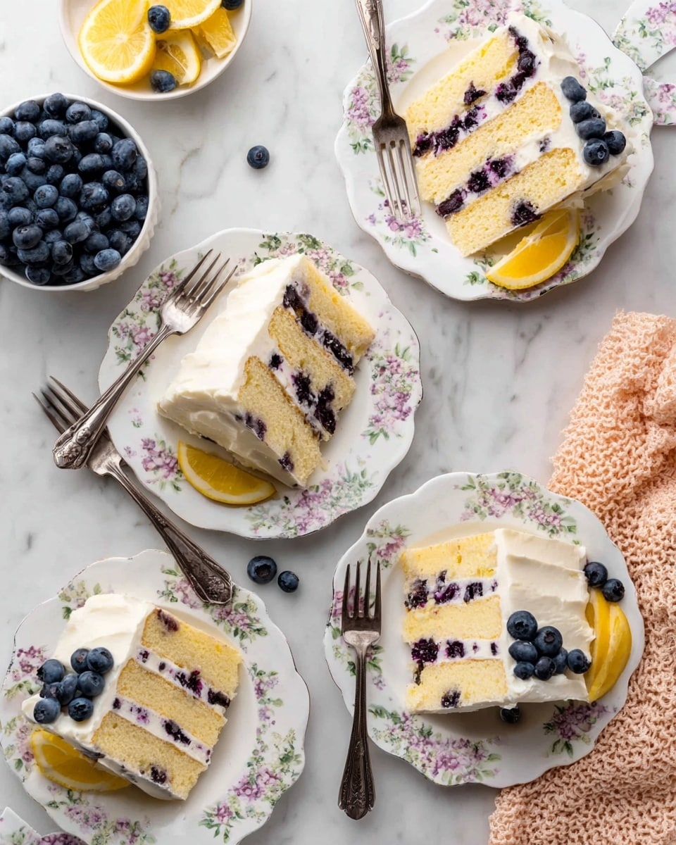 The image shows four slices of blueberry cake on white floral-patterned plates arranged on a white marbled surface. Each cake slice has three pale yellow layers with visible blueberries inside, separated by two layers of smooth white cream filling. The outside of the cake is covered in thick white frosting with a slightly textured look. Each slice is decorated with fresh blueberries and a small lemon wedge at the base. There is also a small white bowl filled with fresh blueberries near the top left. Three metal forks are nearby, with one fork placed on a plate next to a cake slice. A peach-colored textured cloth is placed on the right side of the image. photo taken with an iphone --ar 4:5 --v 7