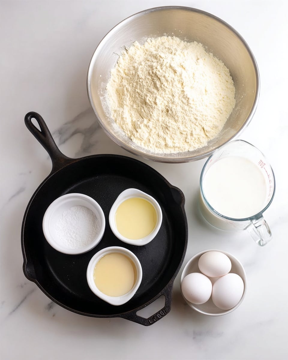 A black cast iron pan is placed on a white marbled surface, holding two small white ramekins, one filled with a pale yellow melted butter and the other with white sugar. Beside the pan is a glass measuring cup filled with white milk. In front of these is a small white bowl containing three white eggs. At the top left, there is a large silver metal bowl filled with pale yellow flour. The whole setup is clean and simple, showing the ingredients ready for baking or cooking. Photo taken with an iphone --ar 4:5 --v 7