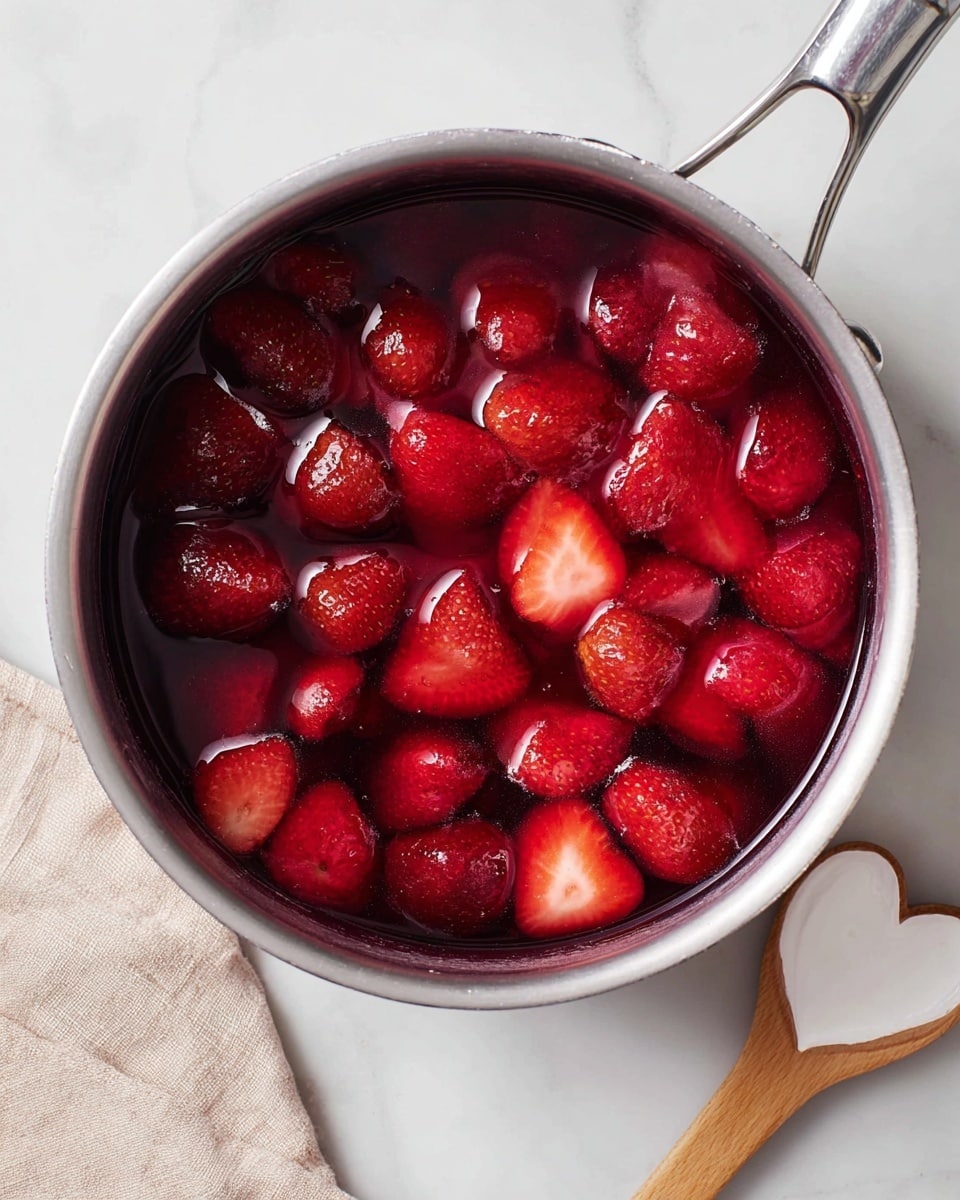A top view of a silver pot filled with whole and halved bright red strawberries soaking in a shiny deep red liquid. The strawberries are fresh and glossy, some showing their light pink inner flesh. The pot is on a white marbled surface with a small portion of a beige cloth visible on the left side. On the lower right corner, there is a white wooden spoon with a heart-shaped cutout. photo taken with an iphone --ar 4:5 --v 7
