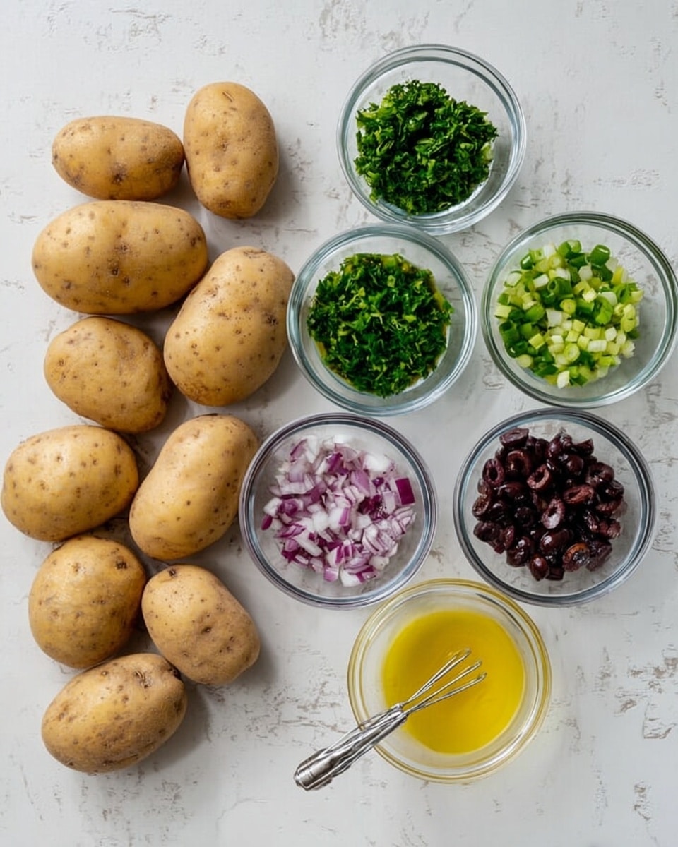 The image shows a group of whole light brown potatoes arranged on the left side on a white marbled surface. To the right, there are six small clear glass bowls placed in two rows. The top row has three bowls filled with finely chopped green herbs and green onions. The bottom row contains three bowls with a yellow liquid mixture with a small metal whisk, finely chopped red onions, and chopped dark olives. The arrangement is neat and the colors contrast well against the white marbled background. photo taken with an iphone --ar 4:5 --v 7