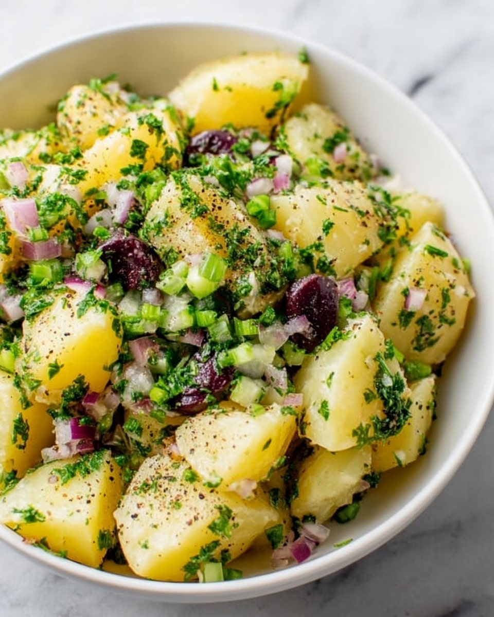 The image shows a white bowl filled with a potato salad that has three main layers. The bottom layer is made of chunky pieces of yellow potatoes that look soft and slightly shiny. The middle layer has small bits of dark purple olives scattered unevenly across the potatoes. The top layer is a mix of finely chopped green herbs, small pieces of red onion, and green onions, adding fresh colors of green, white, and purple. The dish has a light sprinkle of black pepper on top, and the bowl rests on a white marbled surface. Photo taken with an iphone --ar 4:5 --v 7