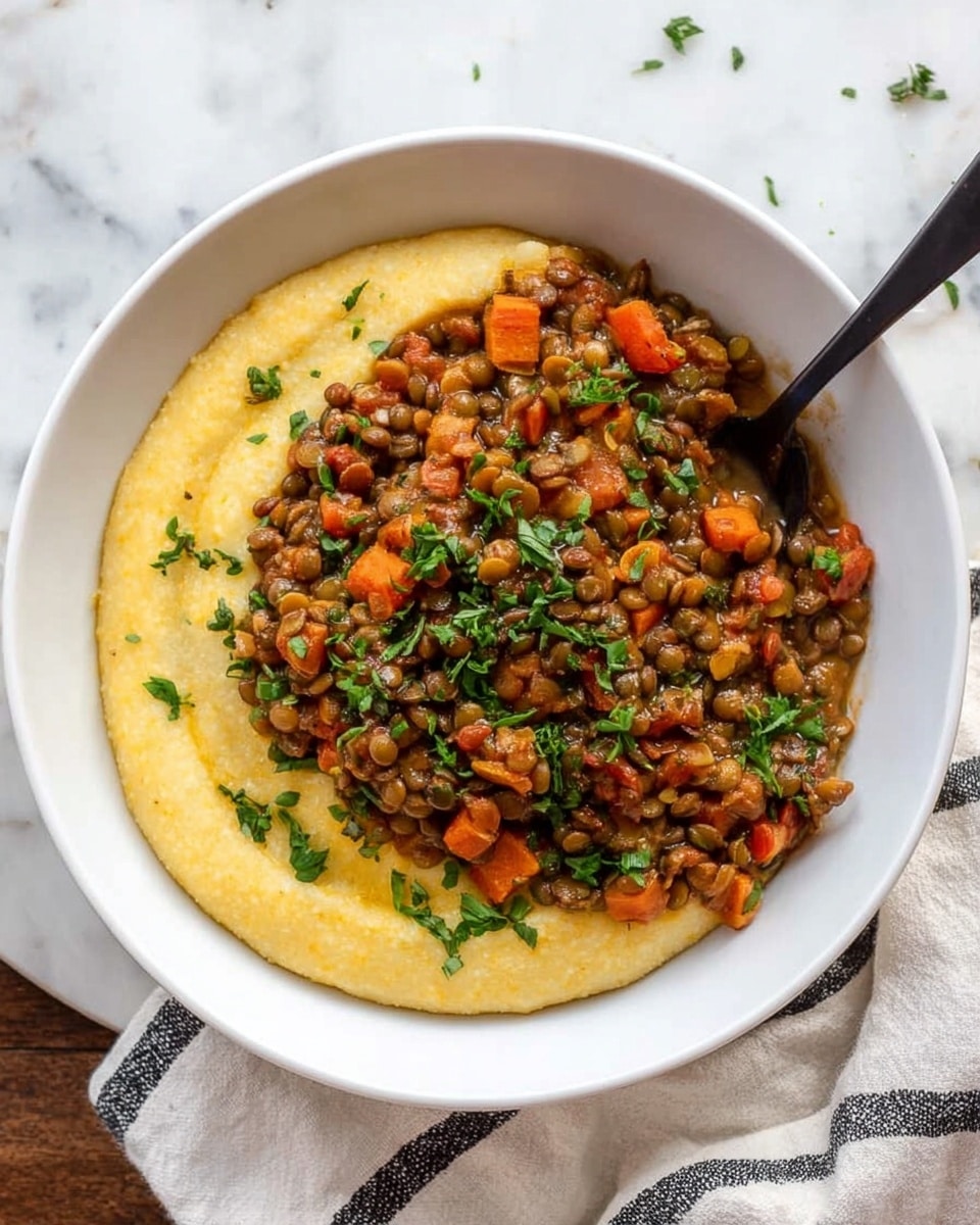 A white bowl holds two layers: a creamy, pale yellow base of smooth polenta spread evenly at the bottom, topped with a hearty lentil stew layer featuring small, soft brown lentils mixed with bright orange carrot cubes. The lentil layer is moist and slightly chunky, sprinkled with fresh green herbs for color contrast. A black spoon rests inside the bowl on the right side, partially in the lentil layer. The bowl sits on a white marbled surface, and a white cloth with black stripes is partially visible at the bottom right corner. Photo taken with an iphone --ar 4:5 --v 7