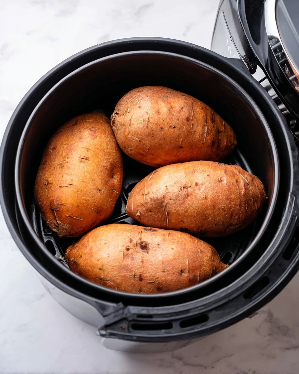 The image shows four whole sweet potatoes inside a black air fryer basket. The sweet potatoes are large, with a smooth orange-brown skin that has some dark lines and small spots on the surface. They are arranged side by side, filling the round base of the air fryer. The air fryer has its lid open, showing its black interior and a textured silver pattern on the inside of the lid. The whole setup is placed on a white marbled surface. photo taken with an iphone --ar 4:5 --v 7