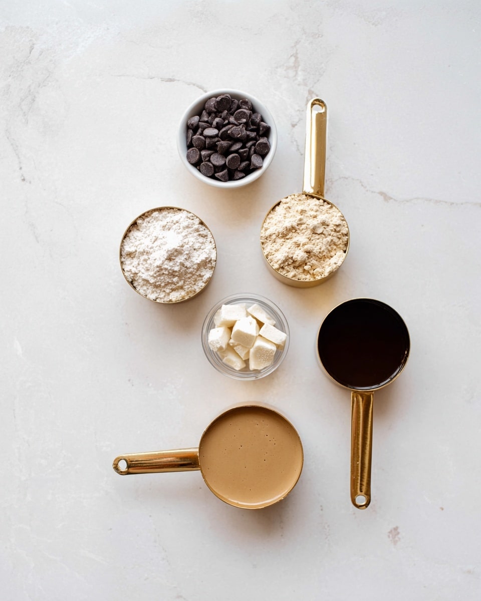 The image shows six measuring cups and small bowls arranged on a white marbled surface. At the top center, there is a small white bowl filled with dark chocolate chips. Below this, two gold measuring cups hold light beige powders, one slightly above the other. To the right of these, a small clear bowl contains white chunks. At the bottom left, a white bowl with a reflective interior holds a smooth, light brown liquid or paste. To its right, a gold measuring cup contains a dark brown liquid. The colors are soft and neutral, with a clean and simple arrangement. Photo taken with an iphone --ar 4:5 --v 7