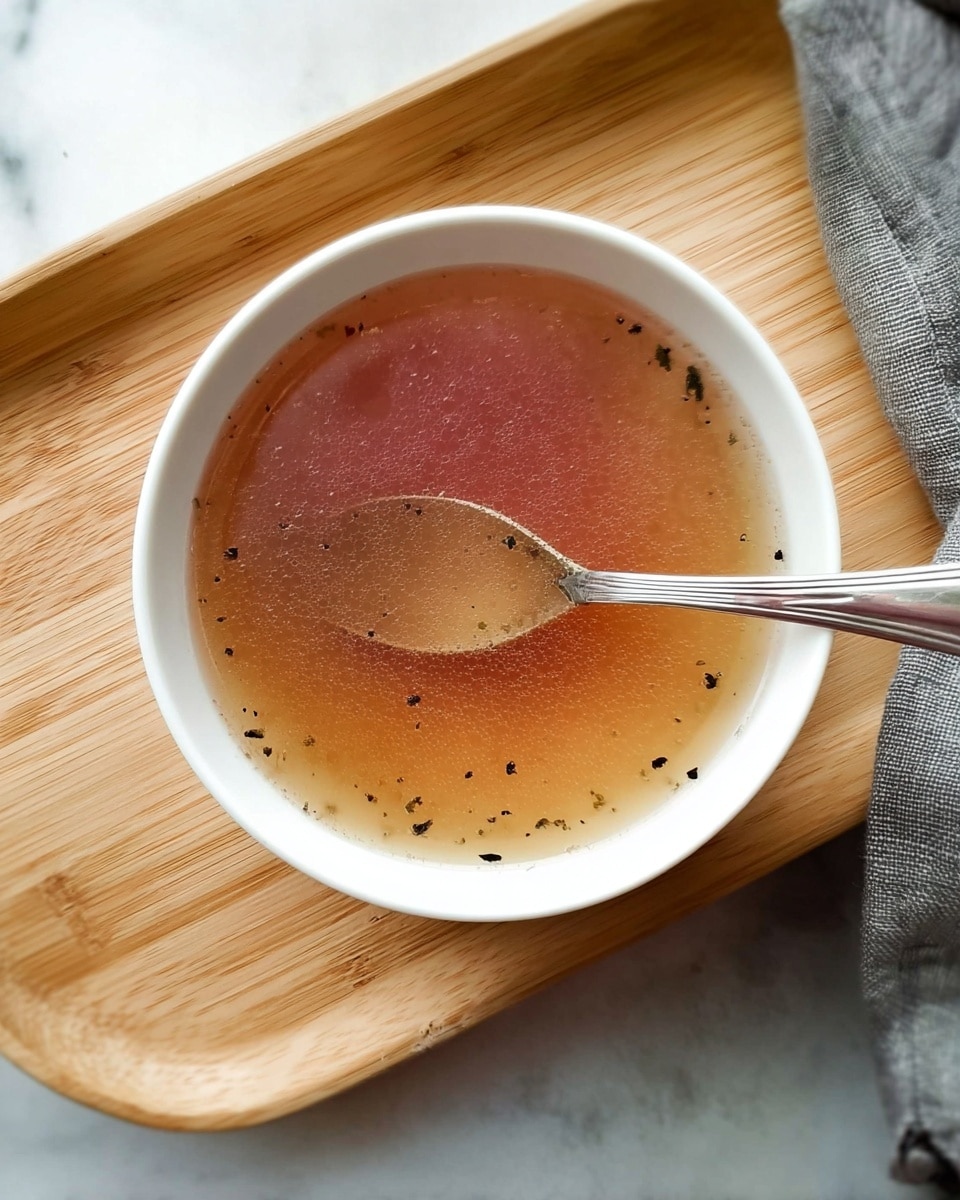 A white bowl filled with a clear, light reddish-orange sauce that has small black seeds and tiny bits scattered throughout, placed on a light wooden tray. A silver spoon rests inside the bowl, partially submerged in the sauce with its handle extending outwards. The scene is set on a white marbled surface with a dark gray textured cloth partly visible at the top right corner. photo taken with an iphone --ar 4:5 --v 7