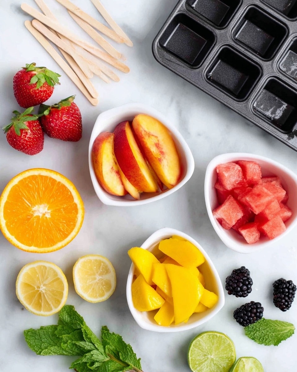 The image shows a white marbled surface with three small white bowls, one filled with four peach slices having a mix of orange and reddish colors, another with small red watermelon cubes, and the last with two yellow mango slices. Around the bowls, there are whole strawberries with green tops, blackberries, a halved orange showing bright orange flesh, a halved lemon with pale yellow inside, a halved lime with light green inside, and several fresh green mint leaves. On the top left, there are wooden sticks spread out, and on the top right, there is a black ice cube tray. The colors are bright and fresh, with natural textures of the fruits clearly visible. Photo taken with an iphone --ar 4:5 --v 7