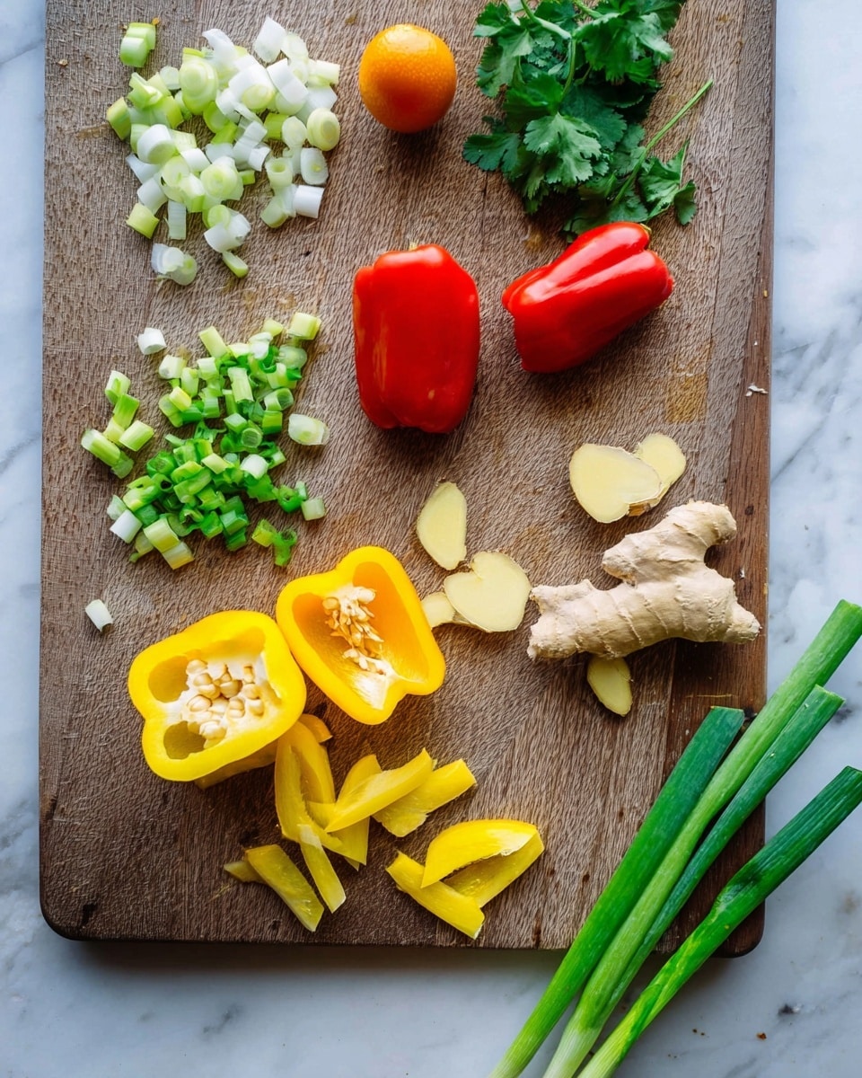 The image shows a wooden cutting board on a white marbled surface with various chopped vegetables arranged on it. On the top left, there are small pieces of sliced green onions in white and light green colors. Near the top middle, there is one whole orange mini bell pepper and two whole red mini bell peppers, along with green cilantro leaves on the top right. In the center, there is a halves of yellow mini bell pepper with seeds visible, and below that, there is a quarter of a yellow mini bell pepper. At the bottom right of the cutting board, thin slices of light beige ginger are neatly stacked and fanned out. On the white marbled surface below, there are long green onions, two whole yellow mini bell peppers, a small piece of ginger, and some cilantro leaves. Photo taken with an iphone --ar 4:5 --v 7