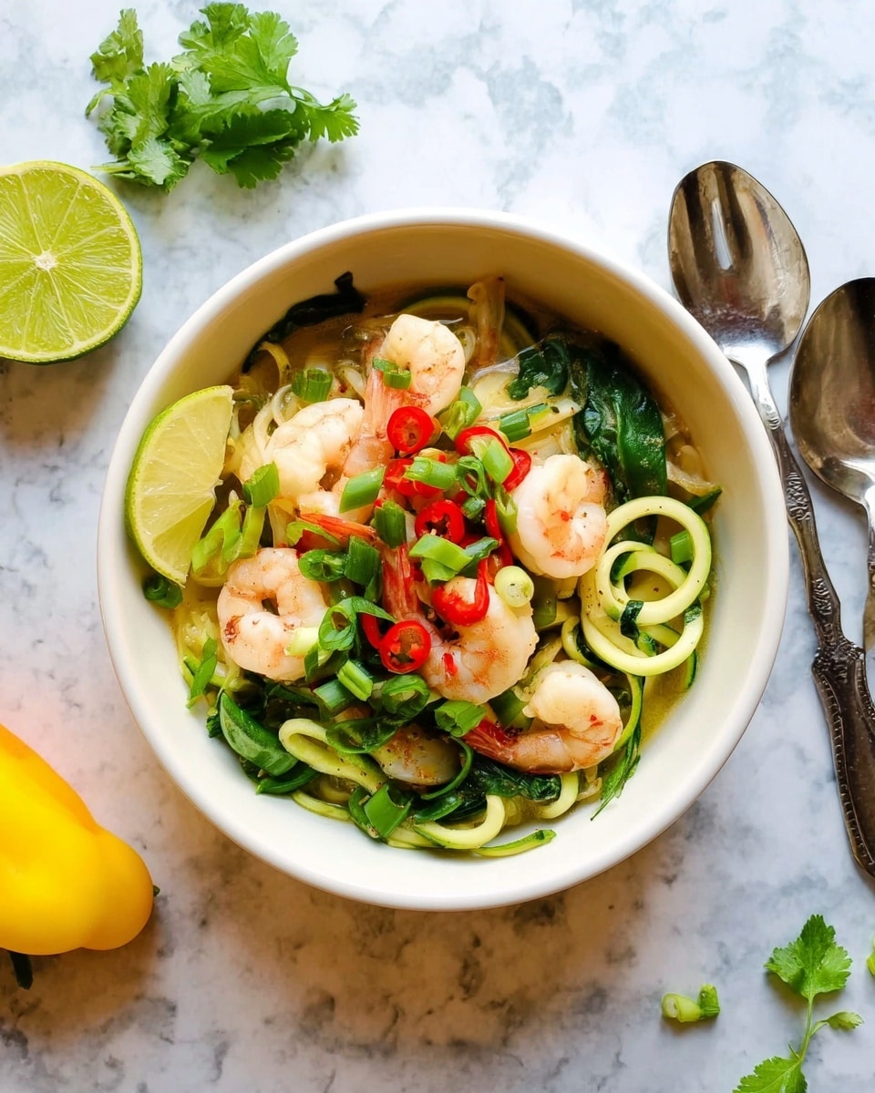 A white bowl filled with a layered shrimp dish sits on a white marbled surface. The bottom layer is a light yellow creamy broth. On top of the broth, there are spiral-shaped light green and white zucchini noodles spread around one side. Plump, pink shrimp are arranged in a small cluster in the center. Bright green snap peas and chopped fresh green herbs are scattered across the dish. A slice of red chili pepper and a pale yellow lemon wedge are placed on top near the shrimp. The edges of the bowl are speckled tan. Nearby on the surface, there are two whole small yellow peppers and some sprigs of fresh herbs. Wooden chopsticks lie diagonally toward the bottom left corner of the image. photo taken with an iphone --ar 4:5 --v 7
