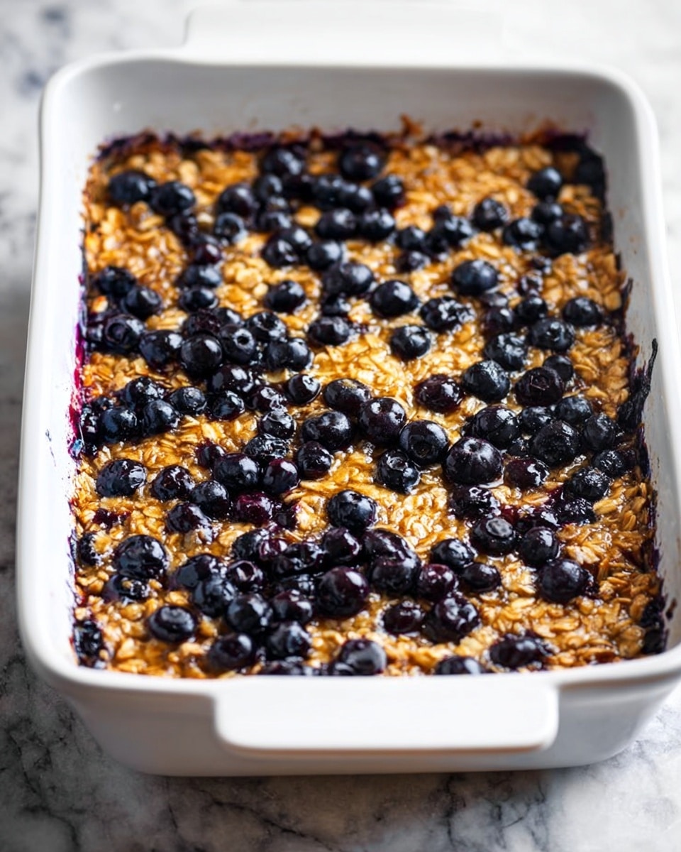 A rectangular white baking dish filled with a freshly baked blueberry oatmeal bake. The top layer is golden brown oatmeal with a slightly rough texture, sprinkled generously with whole dark purple blueberries that are slightly baked into the oatmeal but still retain their round shape and glossy shine. The edges of the dish show some darker baked spots where the blueberries have released their juice, creating a rich contrast against the golden oatmeal. The dish sits on a white marbled surface, enhancing the warm tones of the oatmeal and the deep colors of the berries. photo taken with an iphone --ar 4:5 --v 7